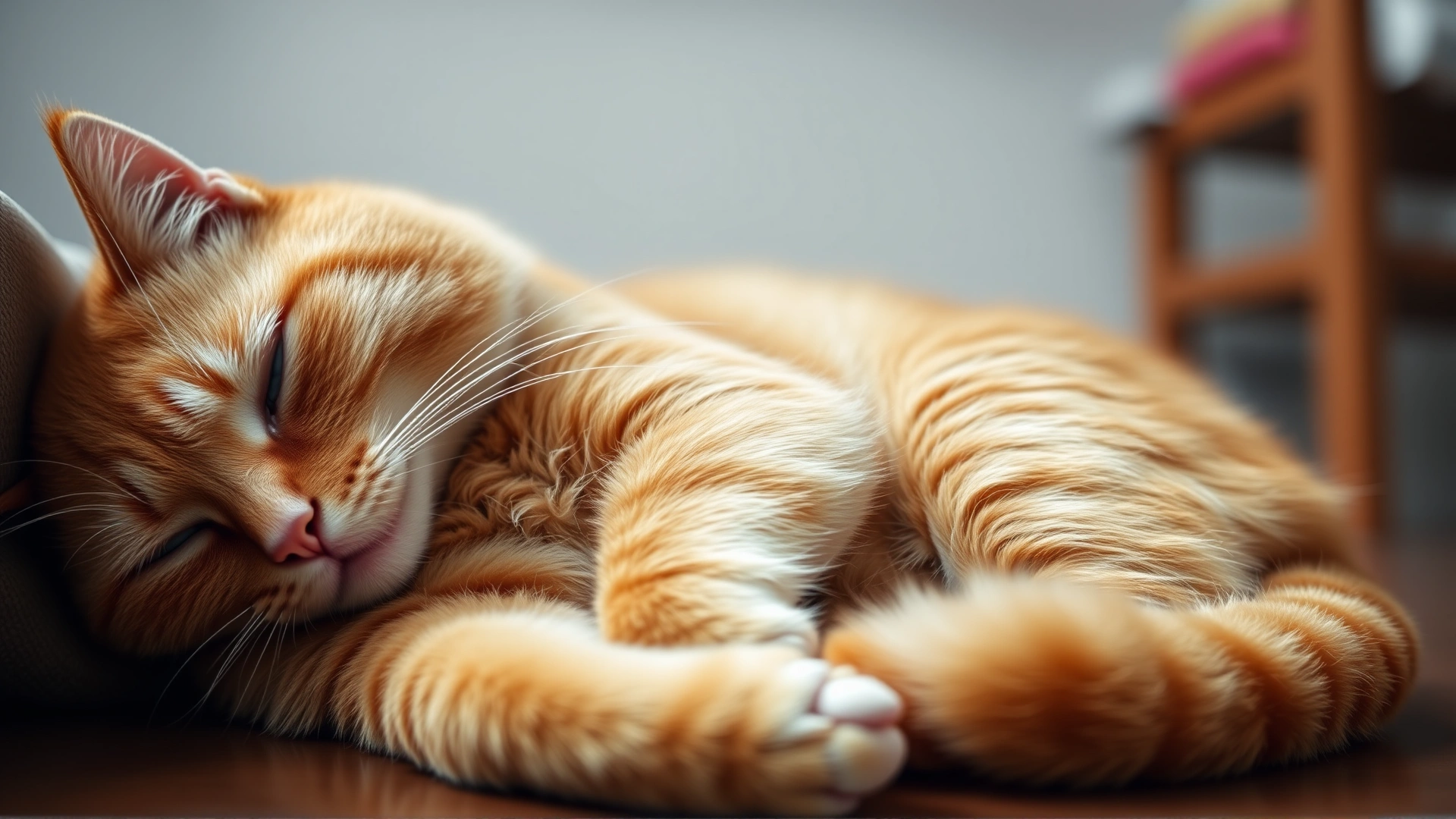 Medium shot of a ginger cat resting with an obviously swollen hind paw, soft indoor lighting, shallow depth of field