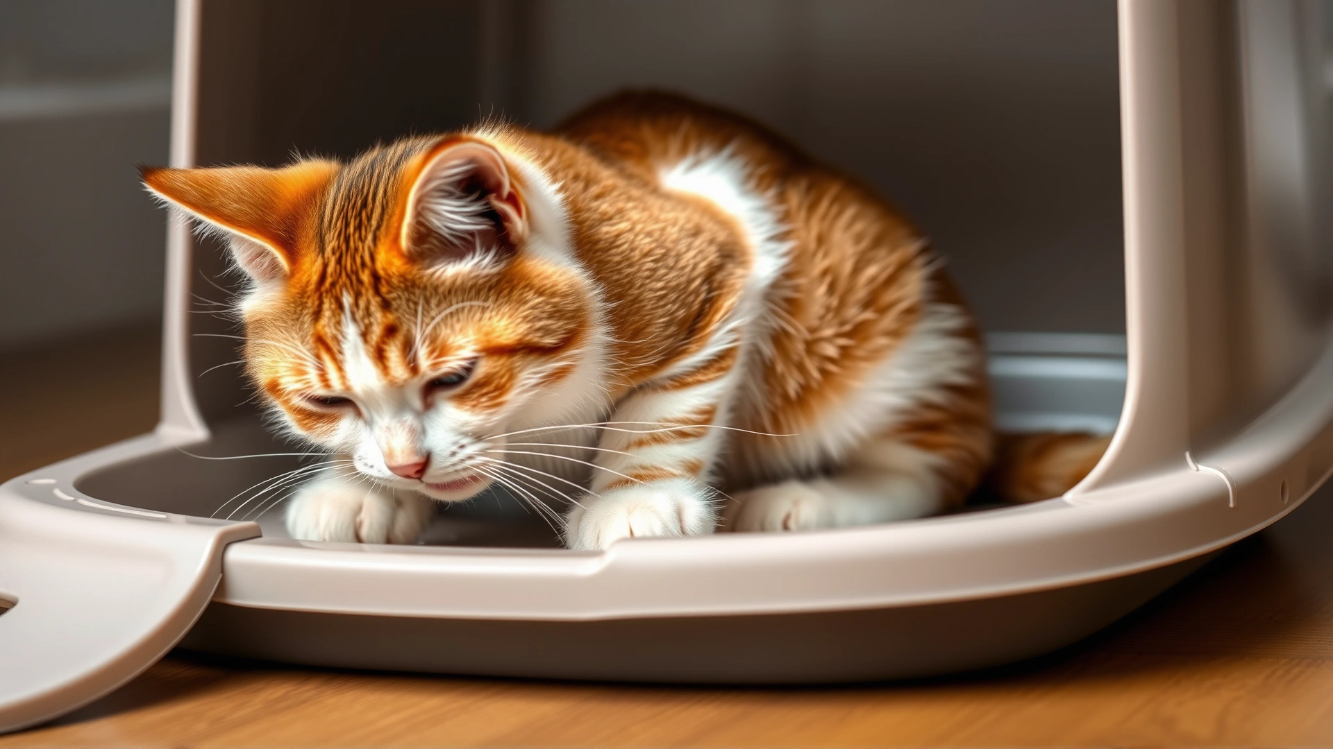 Cat straining and looking uncomfortable inside a litter box, illustrating urinary difficulty.