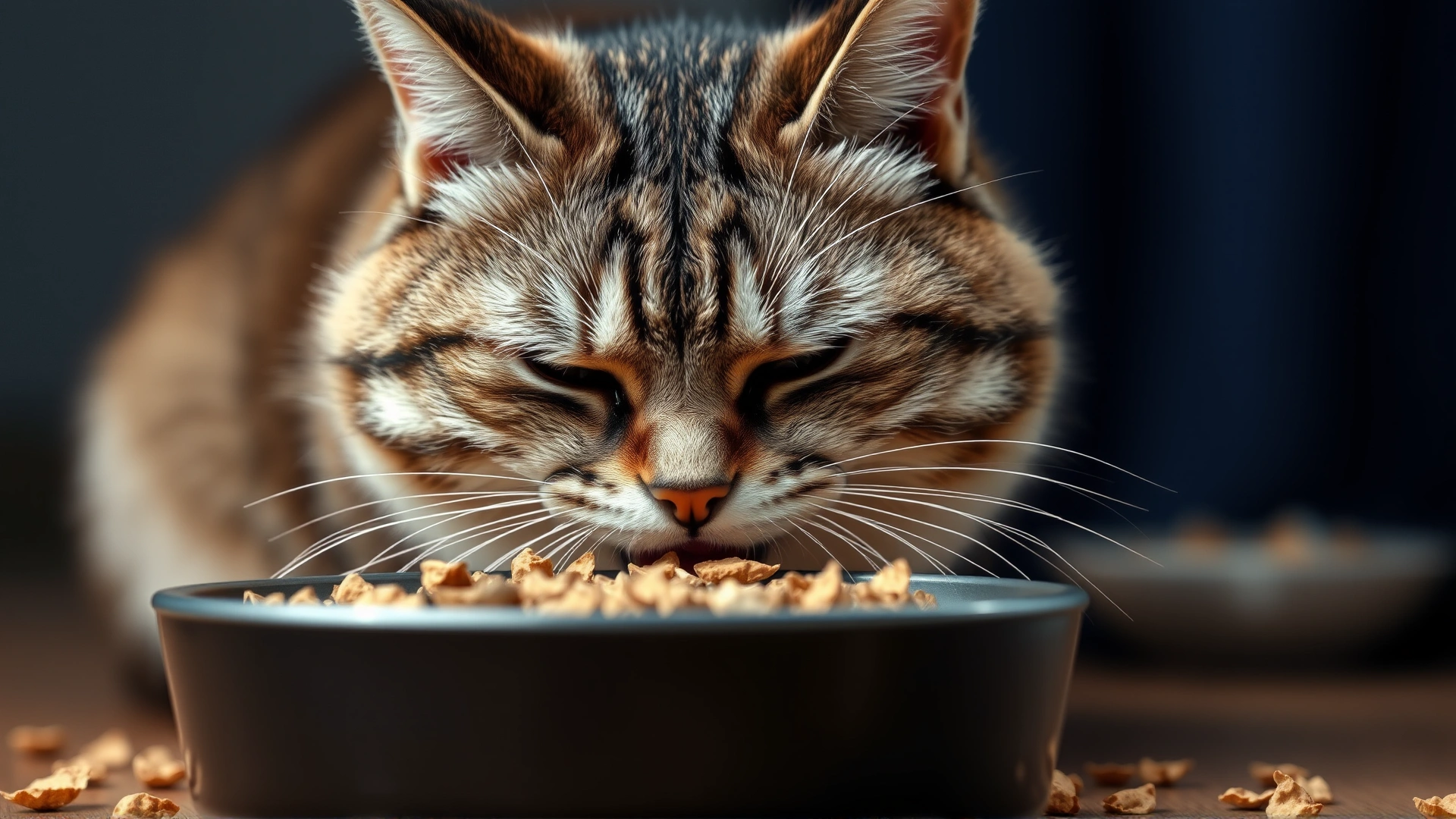 Domestic cat struggling to chew dry food, bowl in front, visible discomfort expression