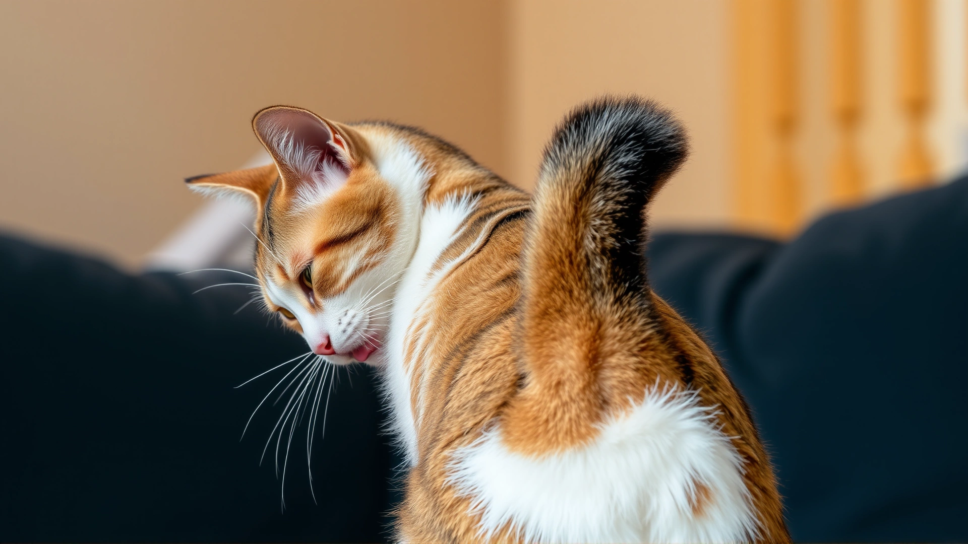 Photo of a domestic cat indoors excessive licking its rear area, highlighting discomfort.