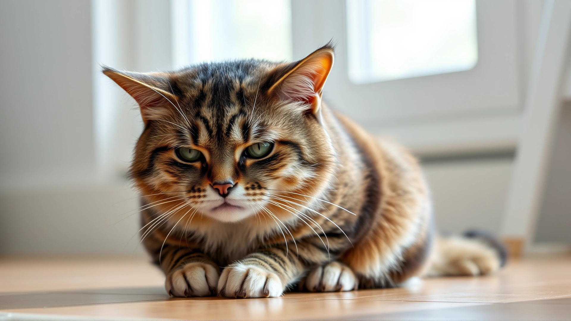 Indoor domestic cat sitting with a hunched posture and dull eyes, looking slightly uncomfortable, natural soft lighting