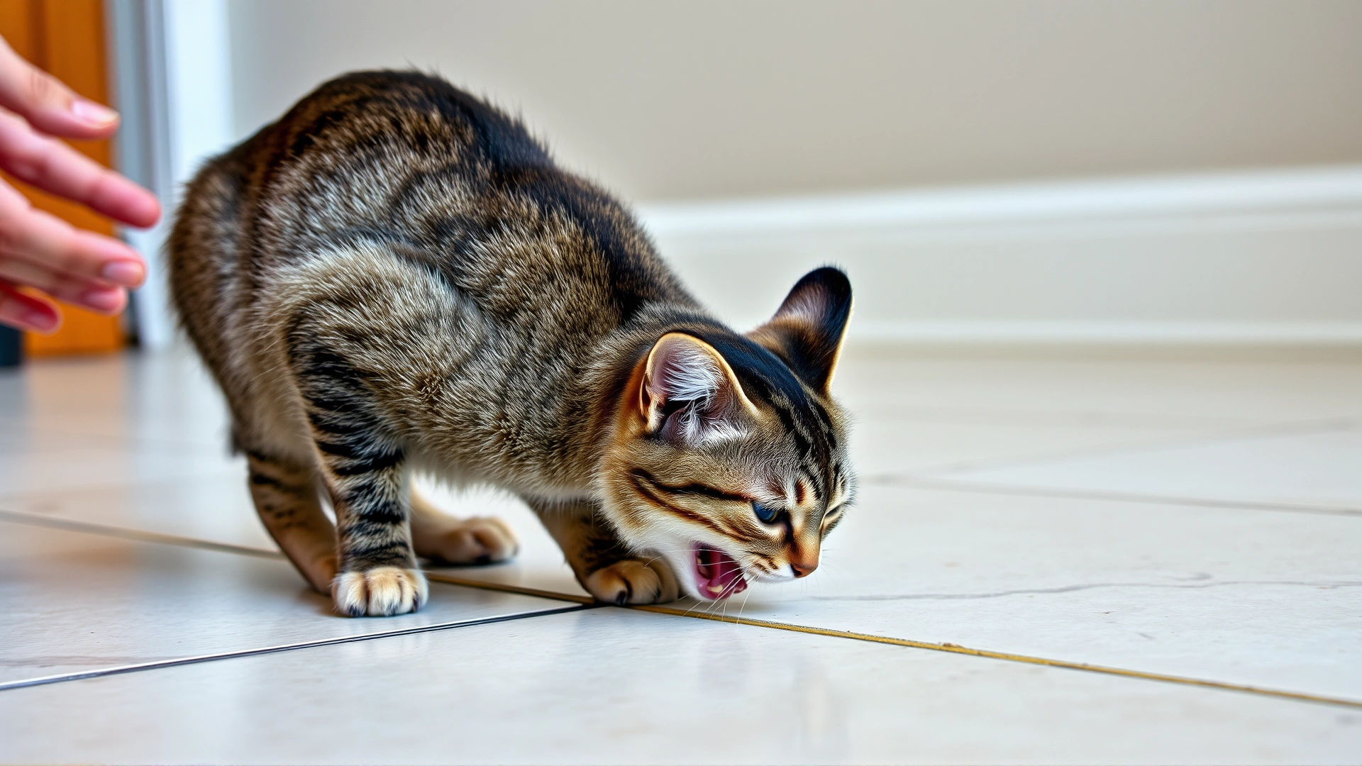 A short-haired tabby cat crouching and vomiting on a tiled floor, owner’s hand gently reaching out in the background, no text