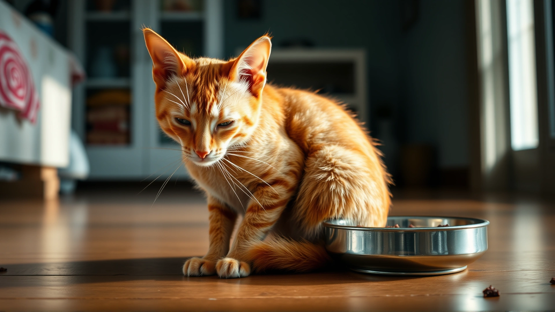 A photo of a thin orange tabby cat sitting beside its food bowl, looking lethargic and drooling slightly, indoor home environment, natural lighting.