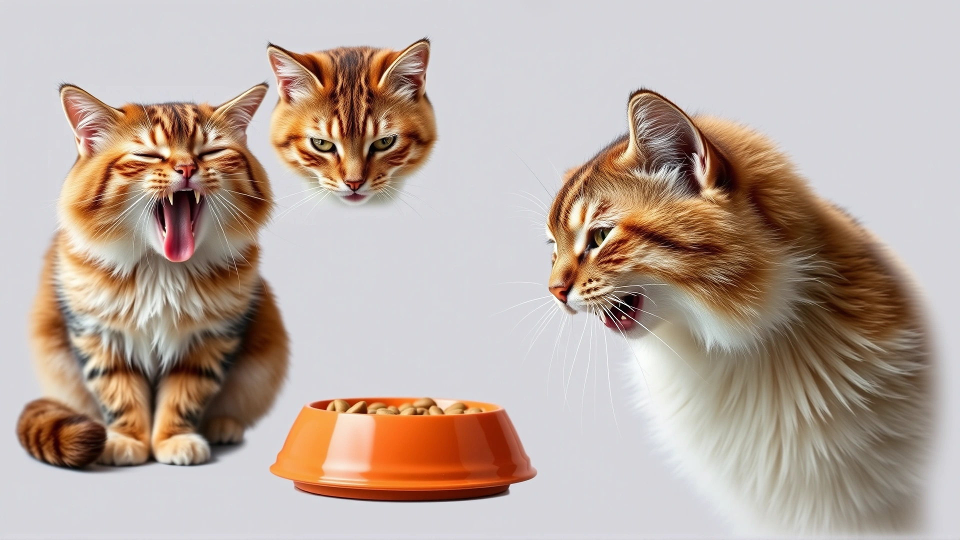 Collage-style image showing various cat behaviors: drooling, refusing food bowl, and repeated swallowing, neutral background.