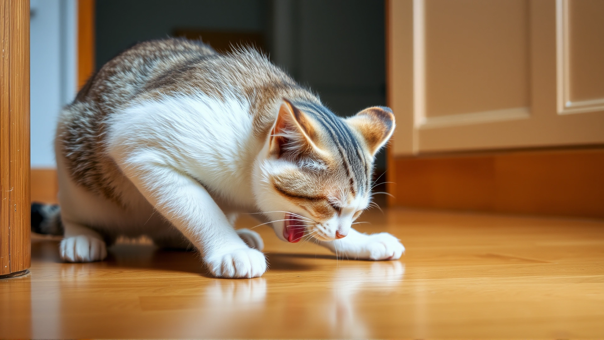 Domestic short-haired cat in the act of vomiting on a hardwood floor, captured from a respectful side angle