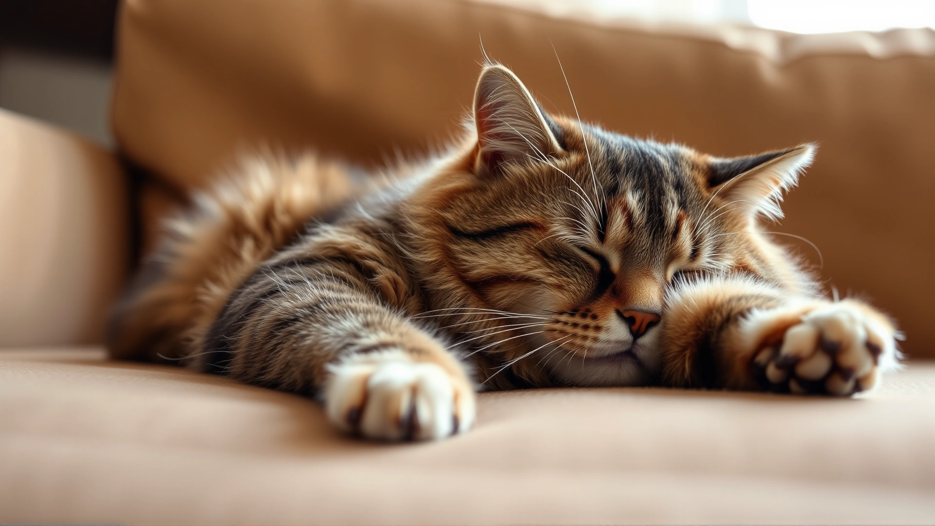 A domestic cat lying lethargically on a couch, half-closed eyes and ruffled fur, conveying weakness; warm indoor lighting; no text.