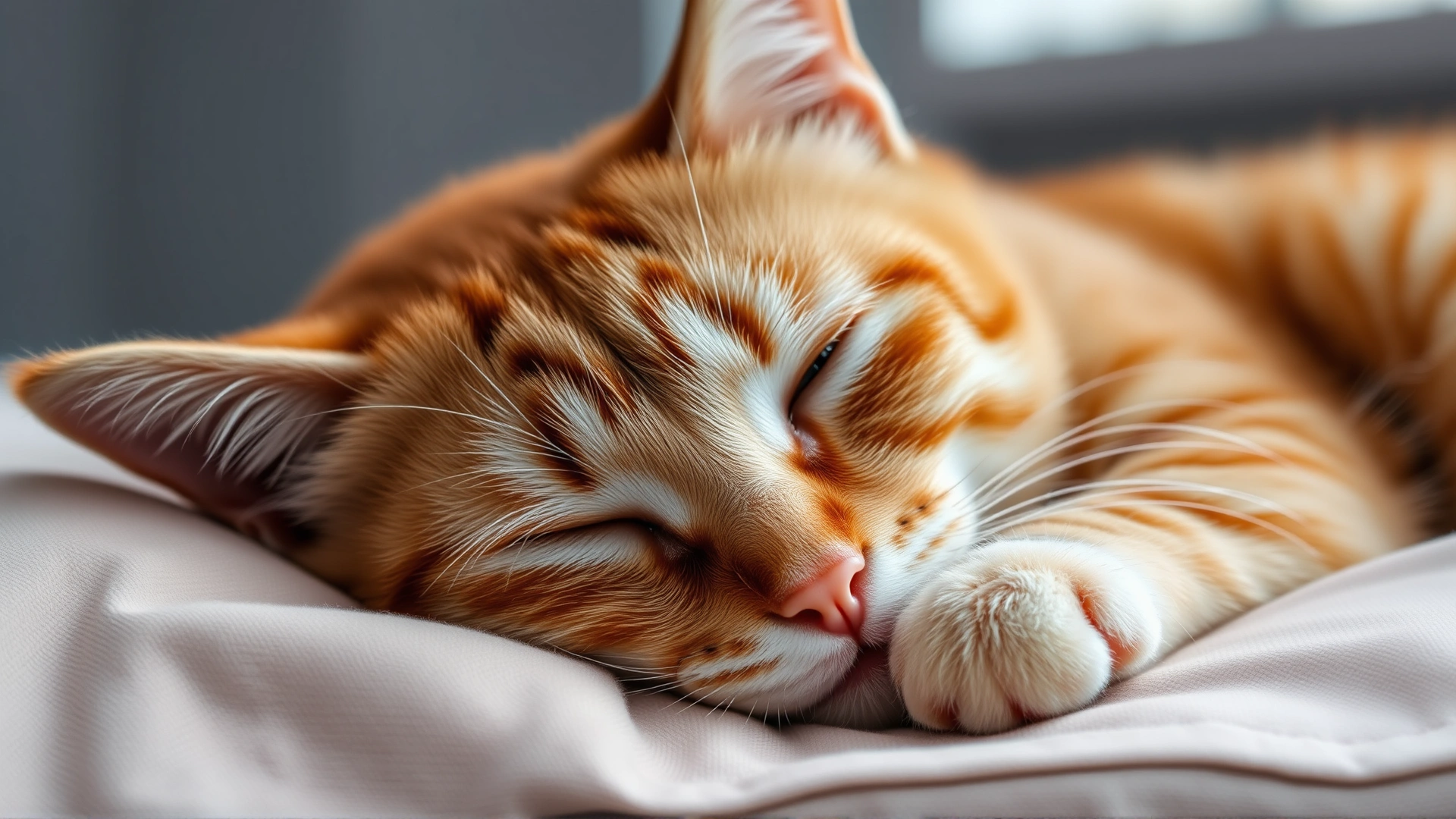 Close-up of an orange tabby cat looking lethargic and resting its head on a soft pillow.