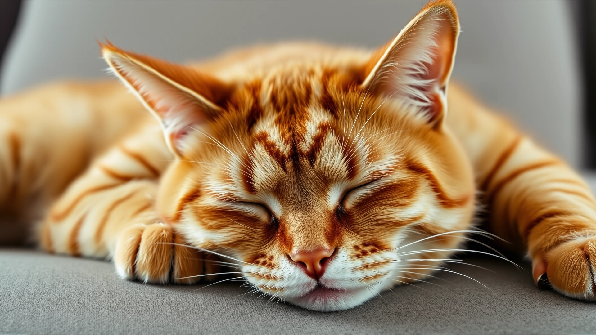 Tired orange tabby cat lying lethargically on a couch with half-closed eyes