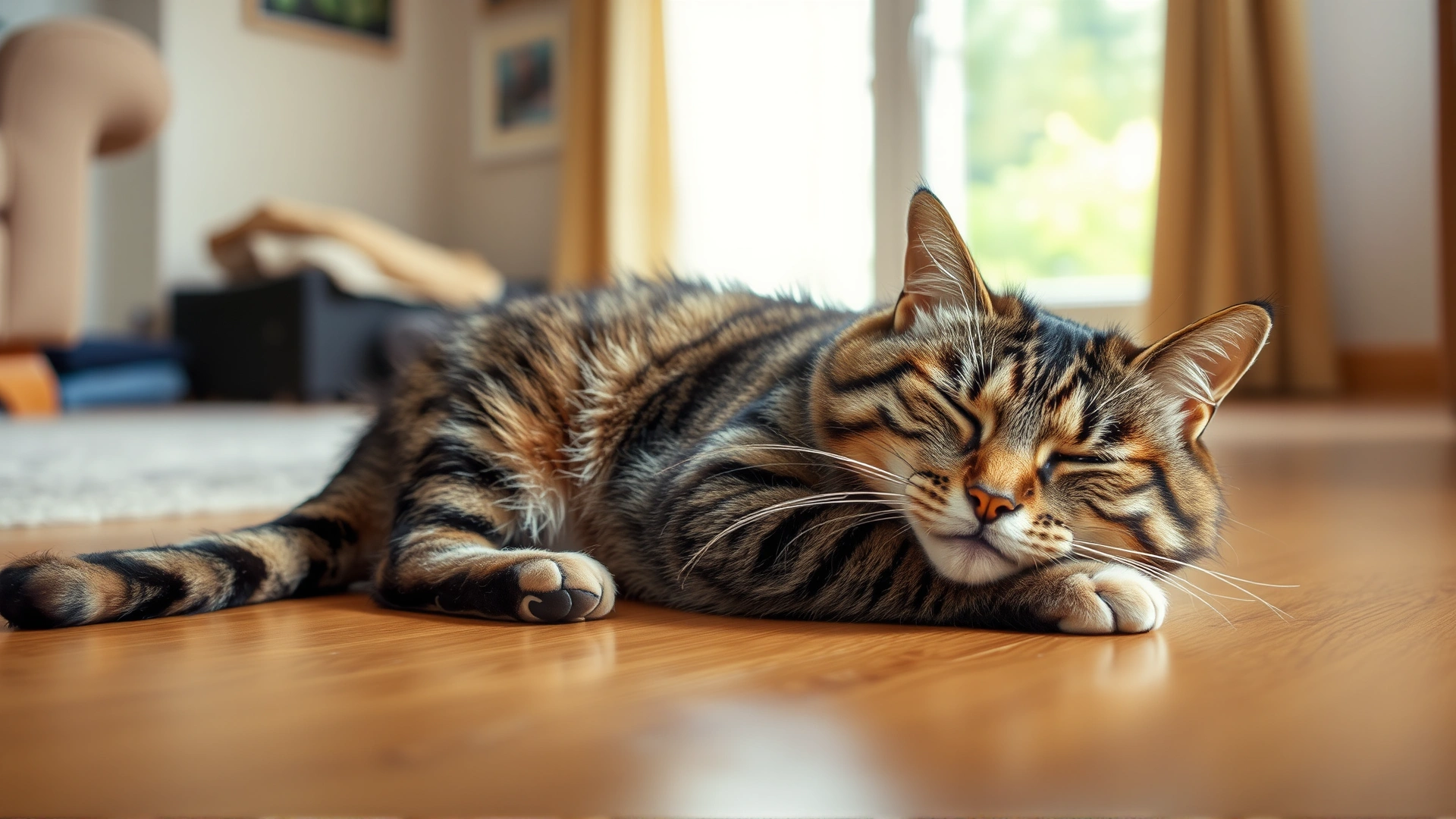 Photo of an older tabby cat looking lethargic and breathing heavily while lying on a living-room floor, warm natural lighting, no text.
