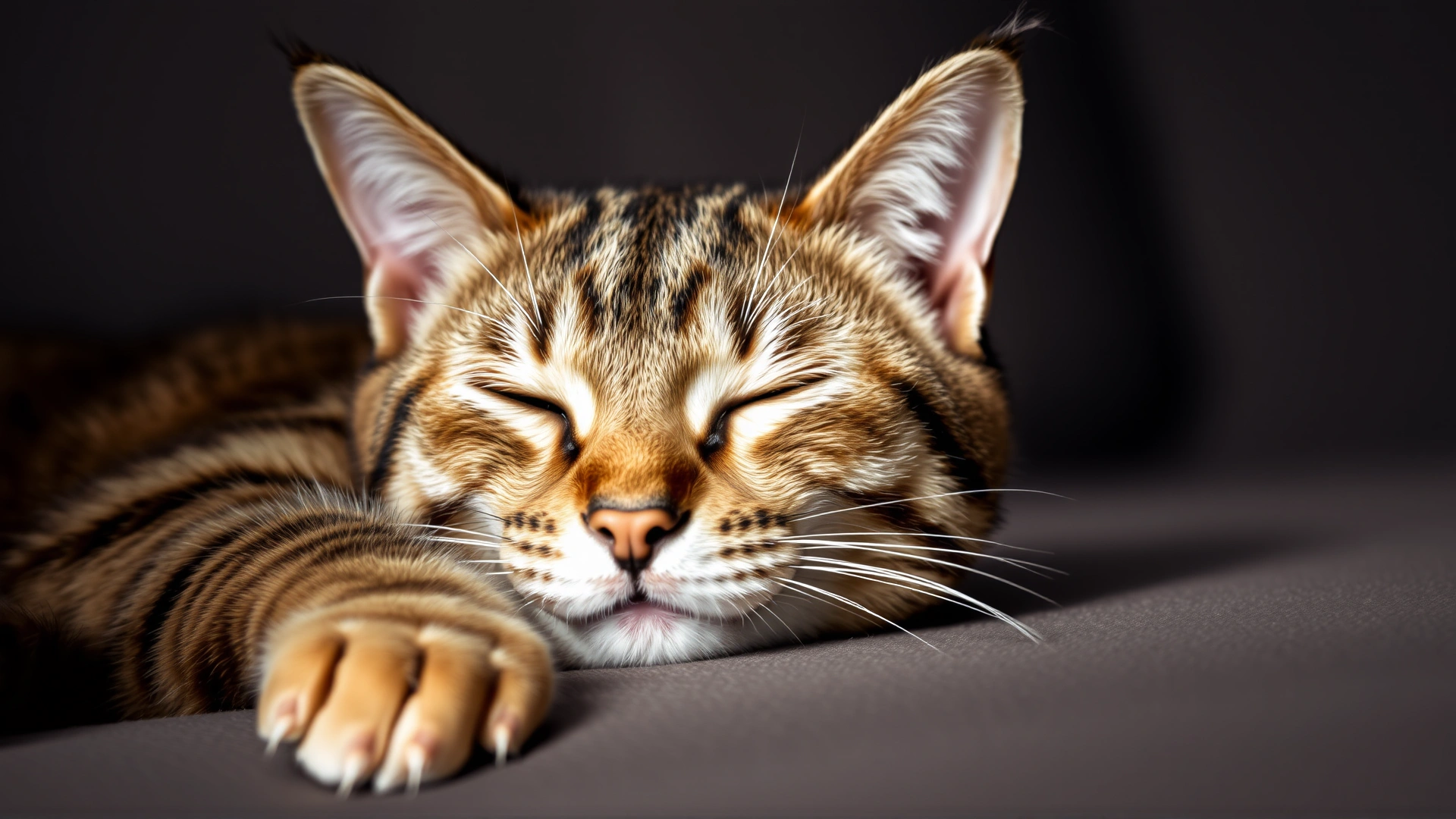 Photo of a lethargic domestic cat lying on a sofa with half-closed eyes, soft indoor lighting