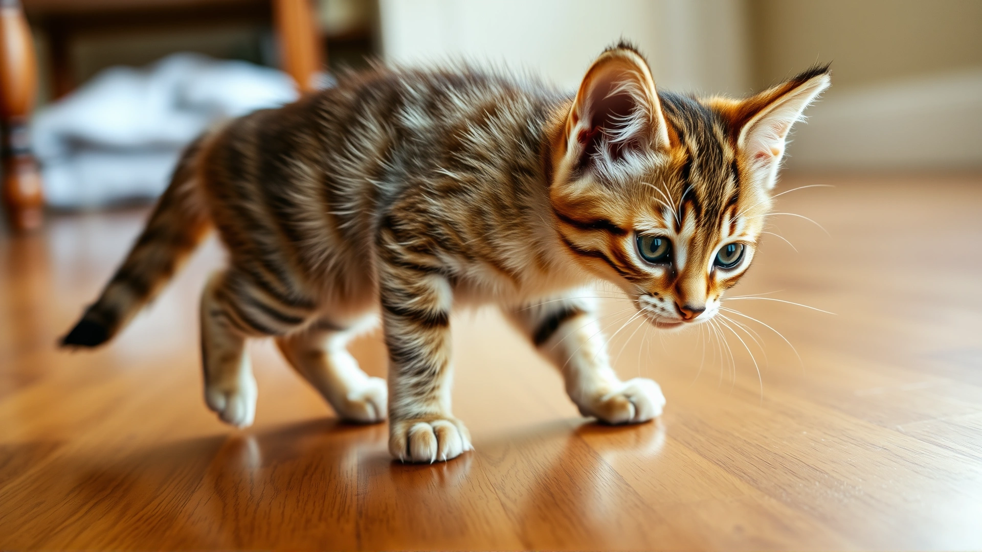 Young tabby kitten struggling to keep balance while walking on hardwood floor, slight motion blur to show unsteady gait.