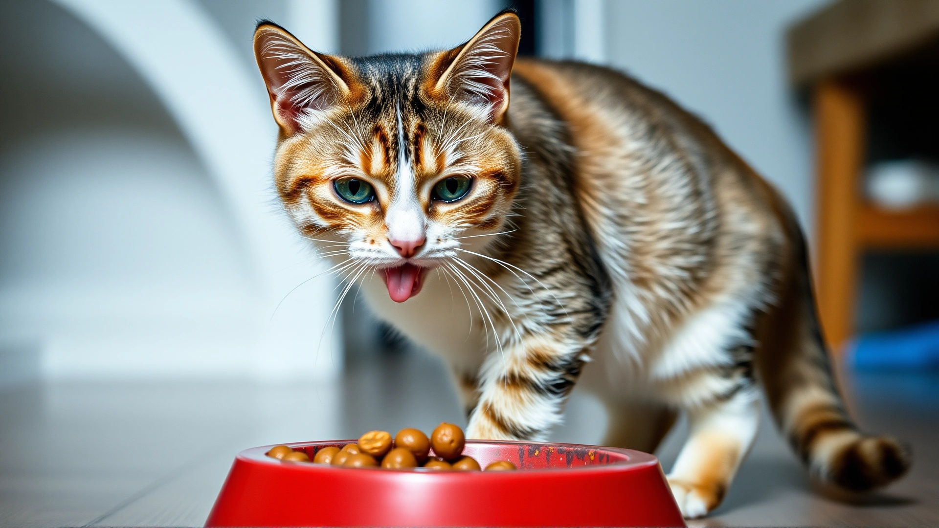 Photo of a domestic short-hair cat drooling slightly and looking nauseous while standing beside an untouched food bowl; indoor setting, shallow depth of field, no text.