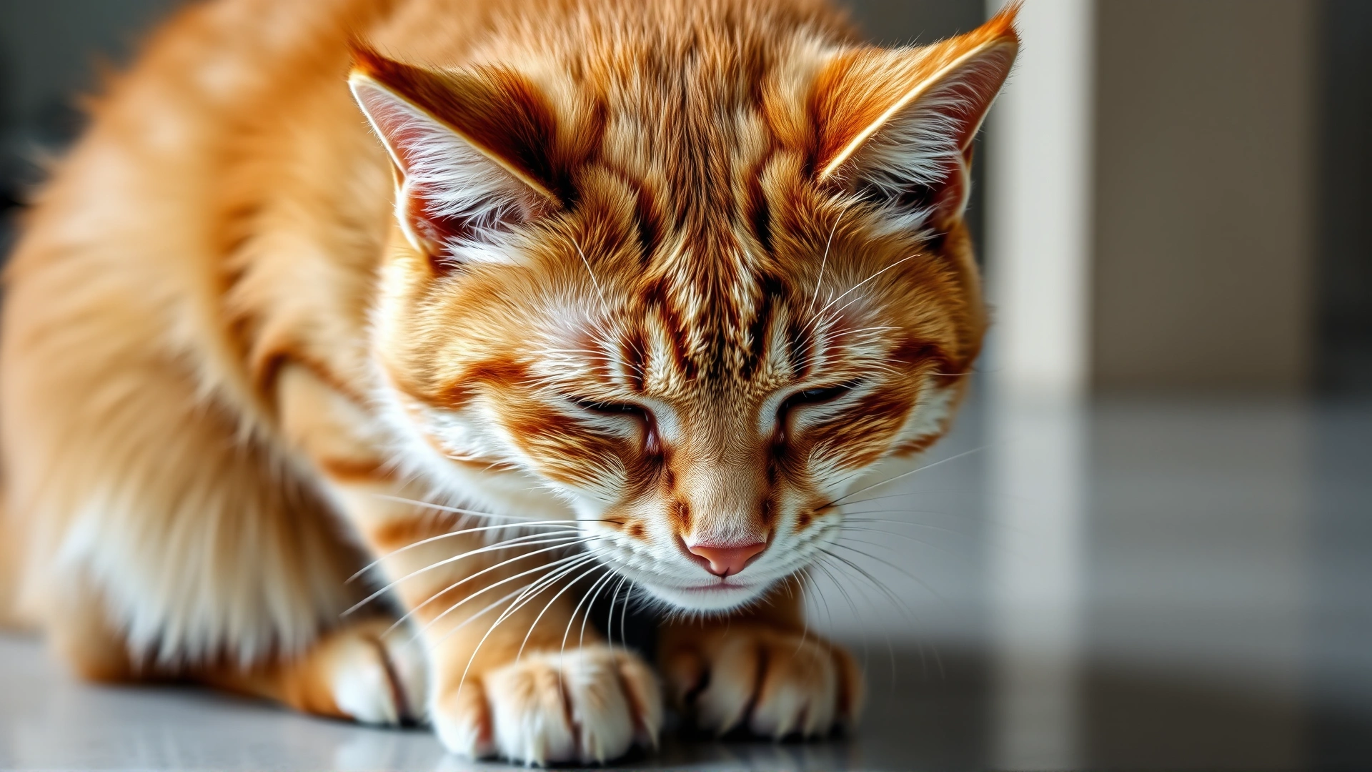 An orange tabby cat sitting hunched over with visible drool and half-closed eyes, illustrating signs of poisoning.