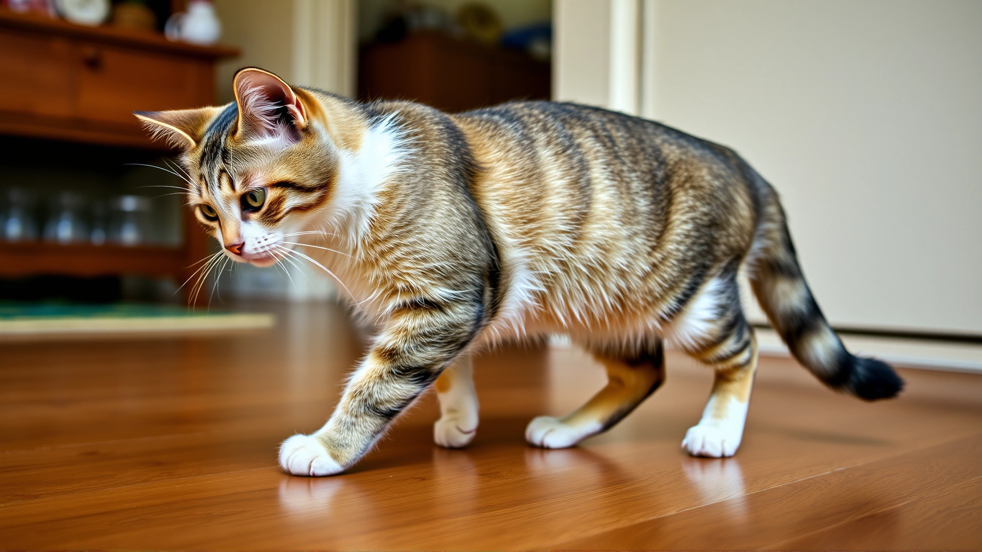 Domestic cat walking unsteadily with slightly tilted head on a wooden floor, illustrating neurological symptoms, natural indoor lighting, high-resolution, no text.