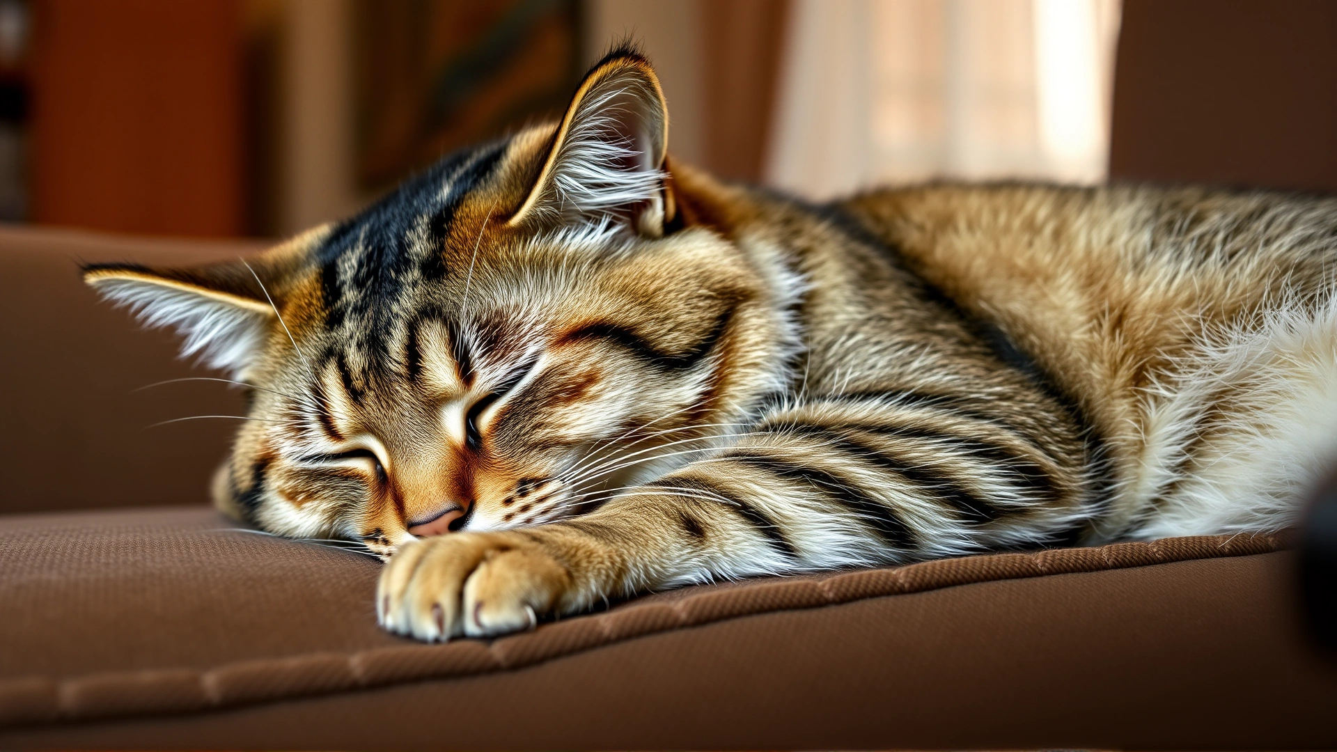 Fatigued tabby cat lying on a sofa with droopy ears and half-closed eyes, warm indoor lighting, illustrating lethargy and fever, no text.