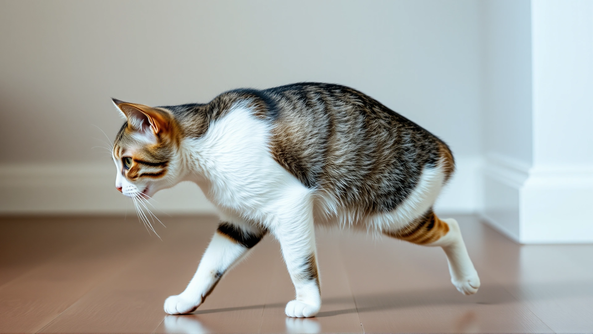 Side view of an adult cat walking with slight hind-limb weakness, subtle limping gait captured in motion, neutral indoor background, daytime lighting.