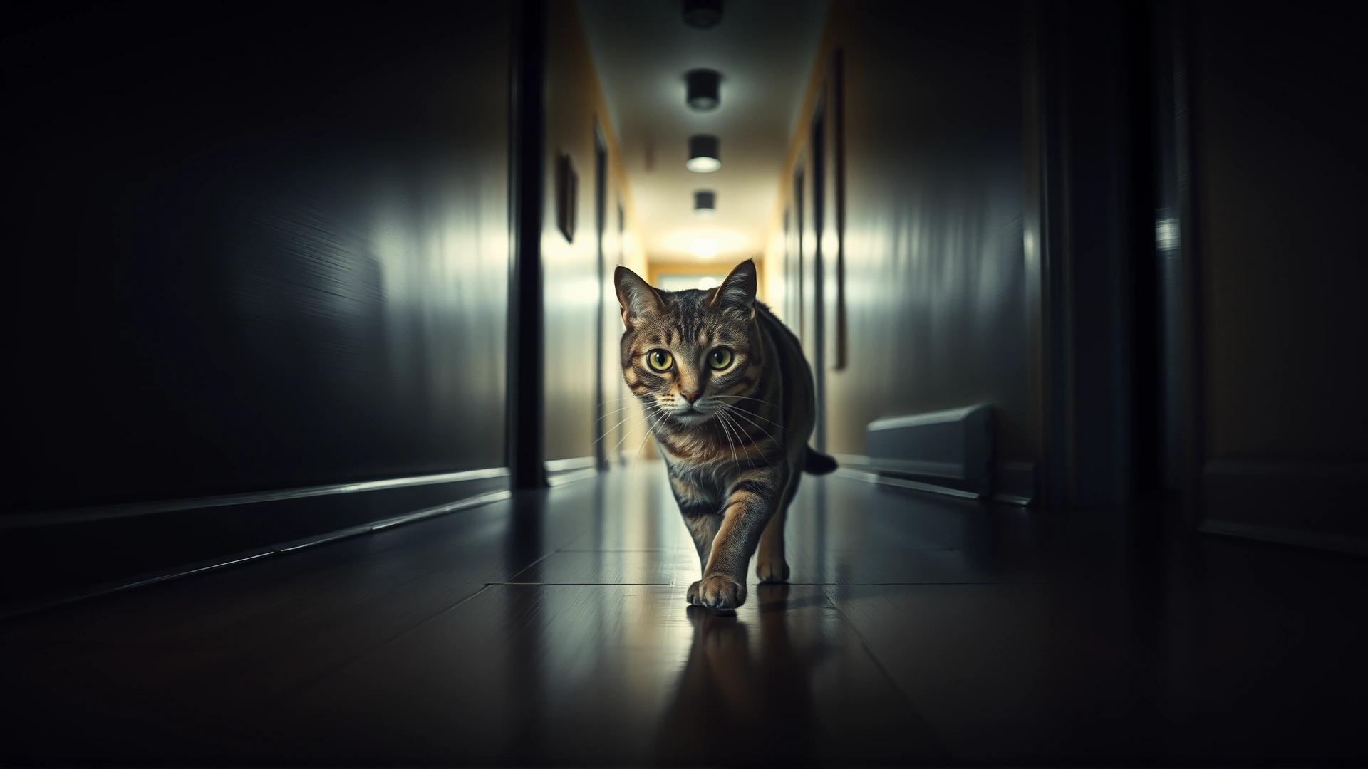 Nighttime scene of an older cat wandering confusedly down a dimly lit hallway, slight motion blur to convey disorientation