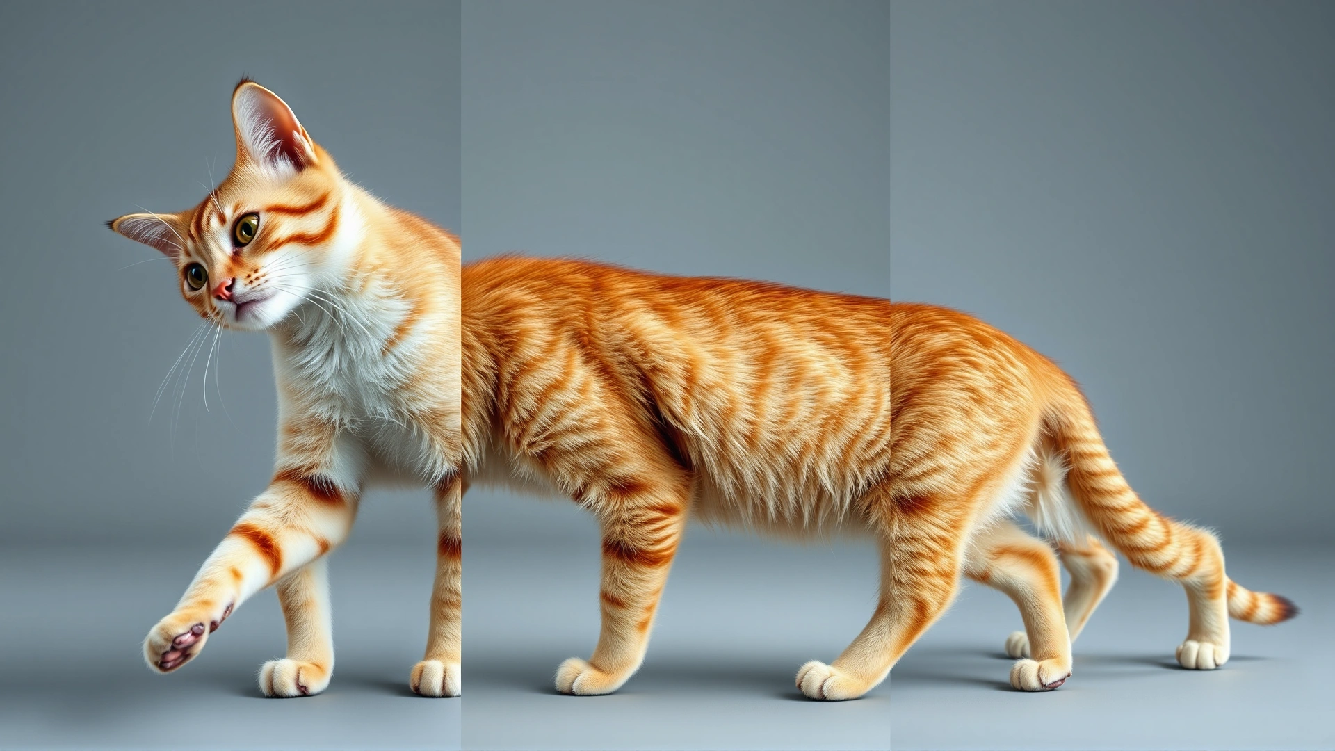Photo sequence composite showing three panels of the same cat: head tilt, imbalance while walking, and wide-open eyes, merged into one clean image to represent common stroke symptoms.