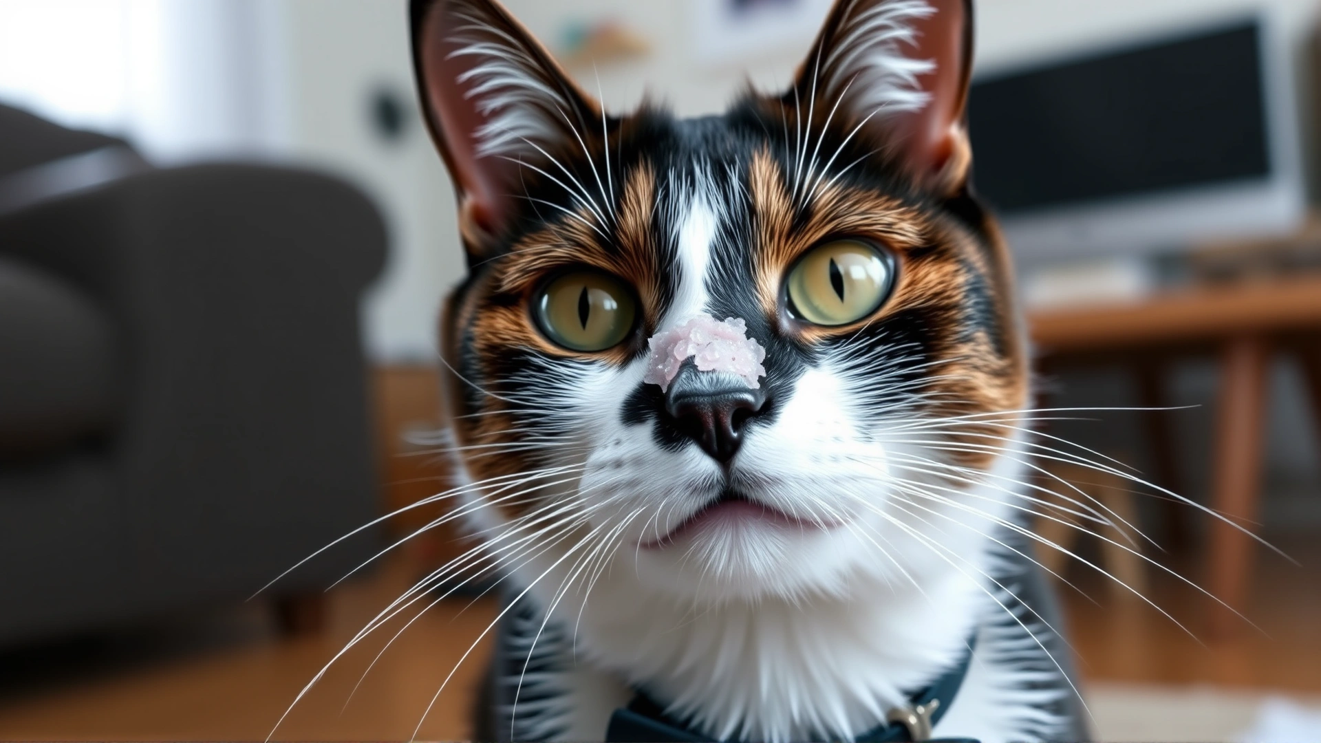 Indoor scene showing a tuxedo cat with visible nasal discharge and watery eyes, illustrating common symptoms of nasal cancer