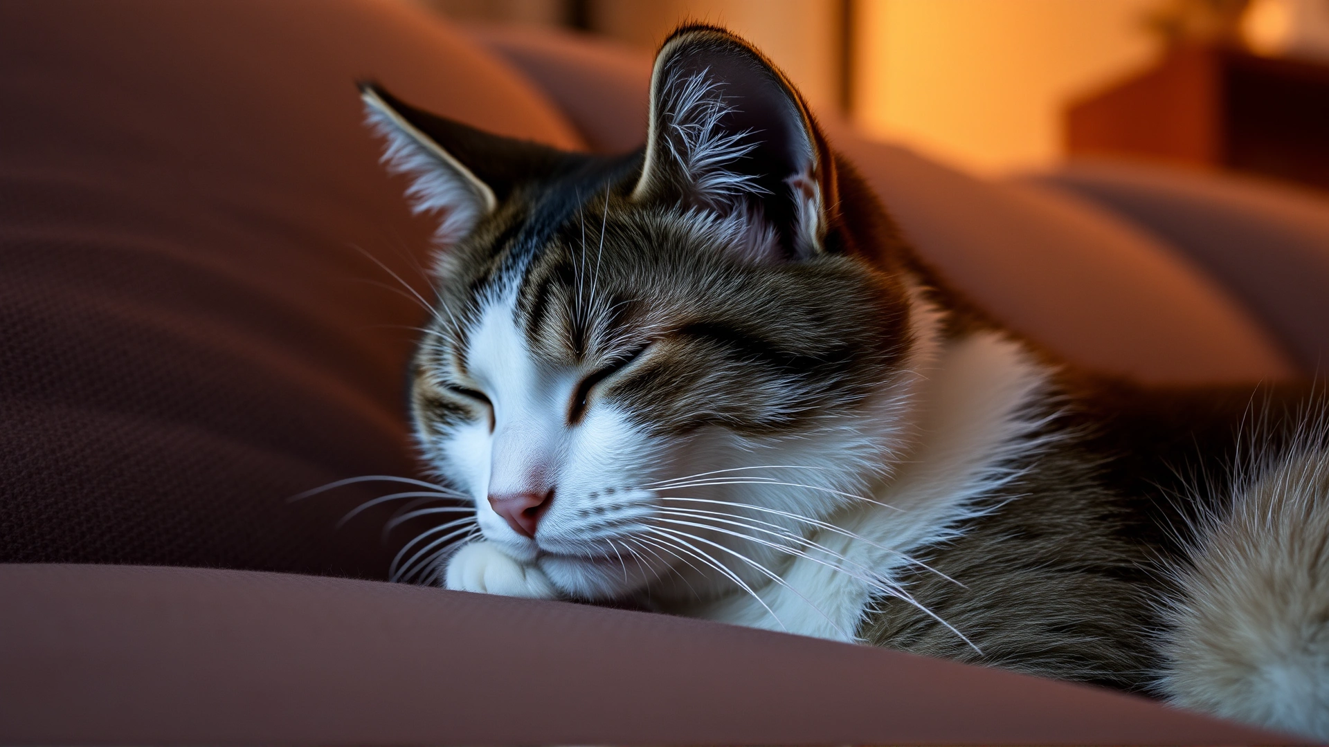 Domestic short-haired cat looking lethargic on a cozy couch, half-closed eyes, warm indoor light