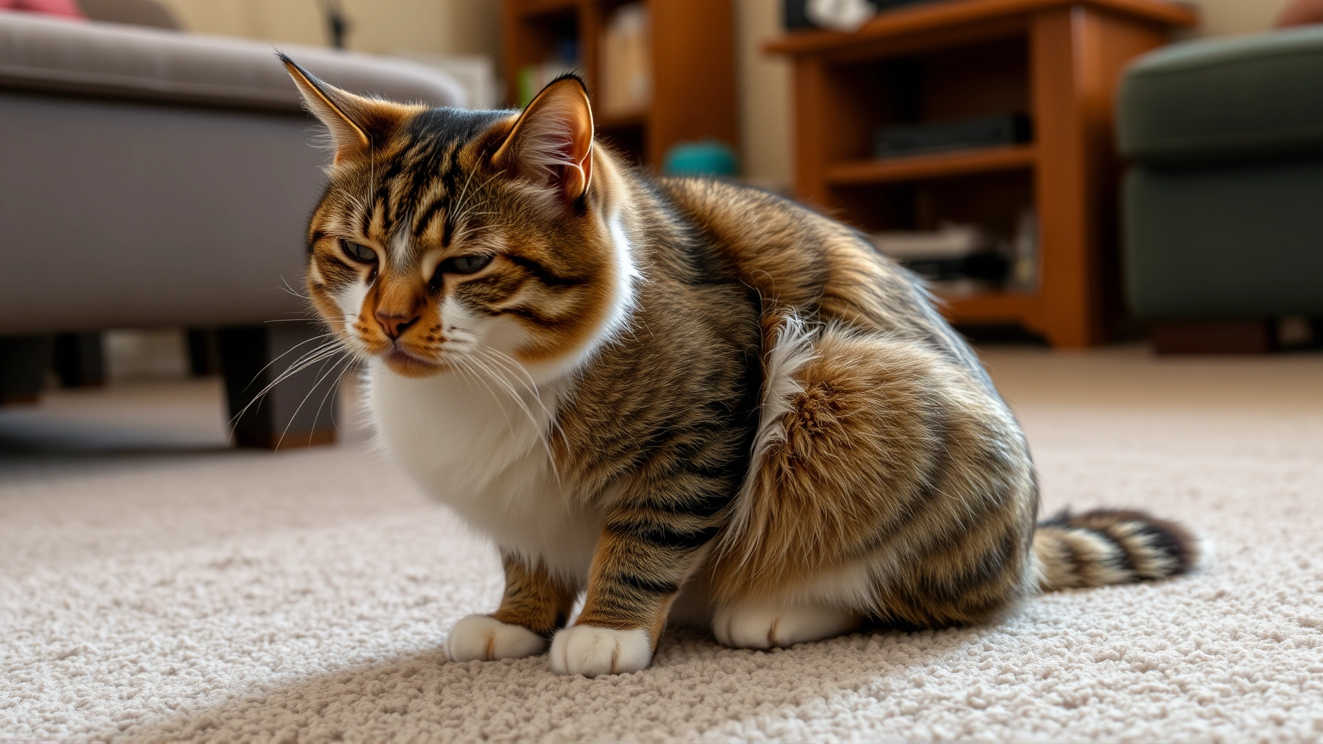 Adult cat showing signs of stiffness and difficulty moving, sitting awkwardly on a carpeted living room floor.