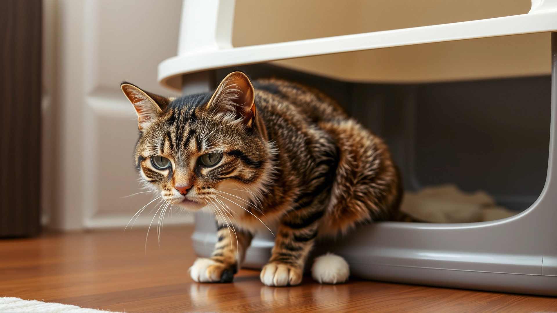 Indoor photo of a domestic shorthair cat crouching next to a litter box with a strained expression on its face