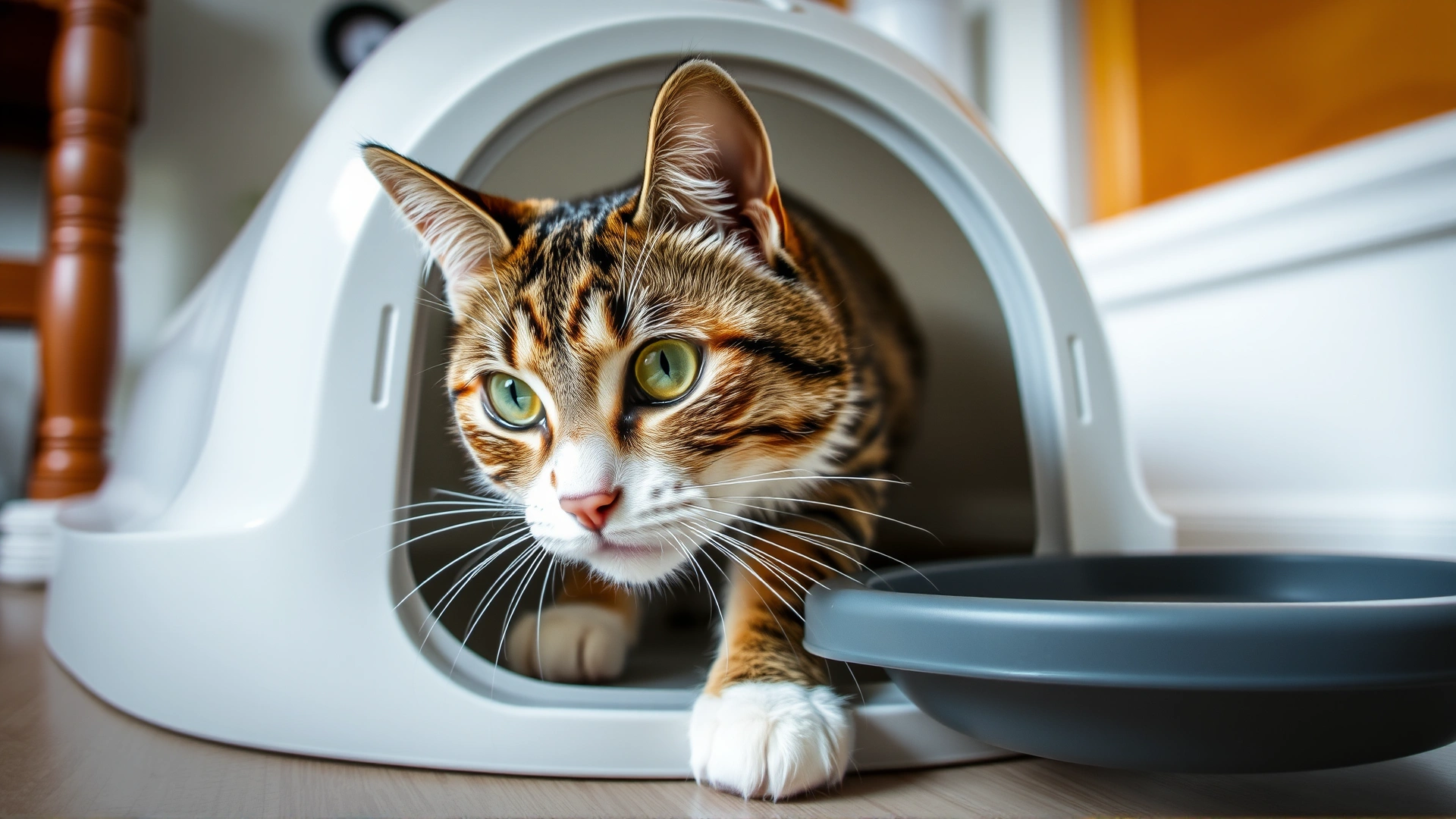 Photo of a domestic shorthair cat inside a litter box, straining or looking uncomfortable, captured candidly without text.