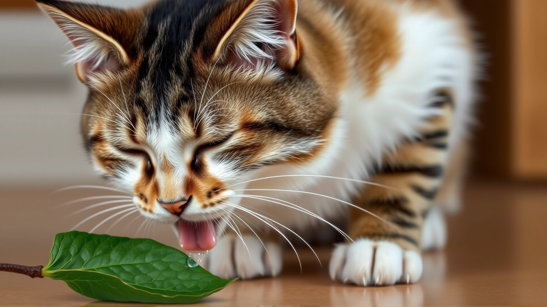 Domestic cat looking lethargic and drooling next to a chewed plant leaf to illustrate poisoning symptoms.