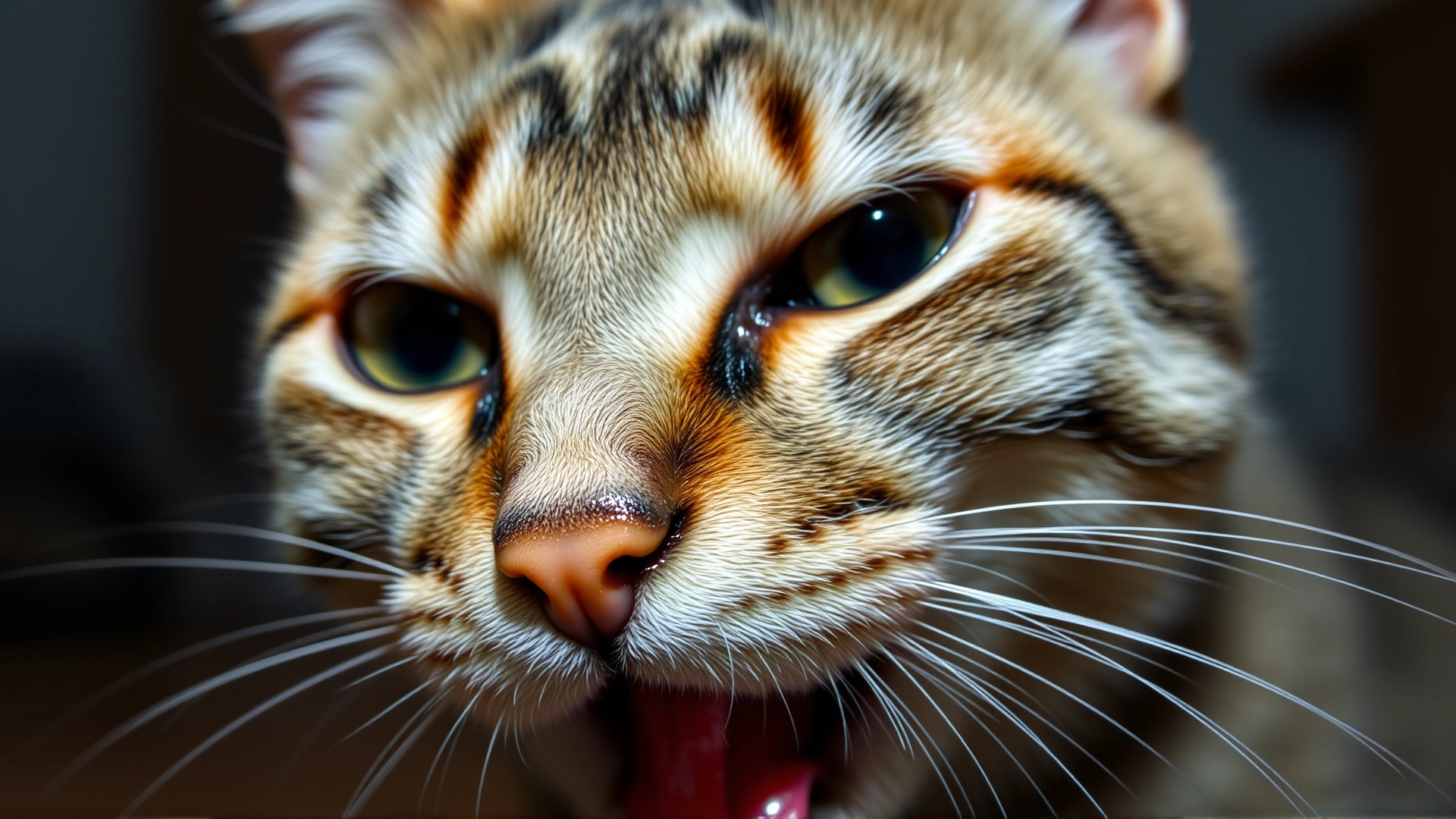 Close-up of a domestic short-hair cat with foaming saliva and dilated pupils, illustrating rabies symptoms, indoor dim lighting, no text