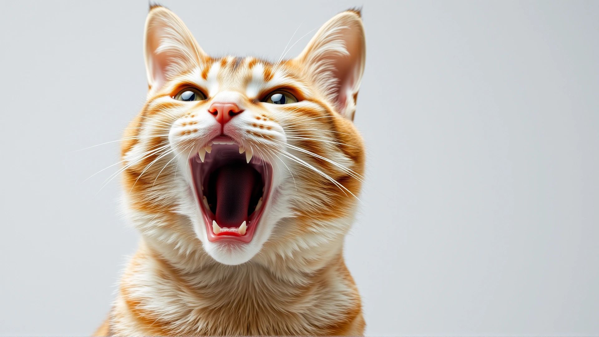 Domestic cat displaying open-mouth breathing with neck extended and eyes wide in distress, isolated on a light background.