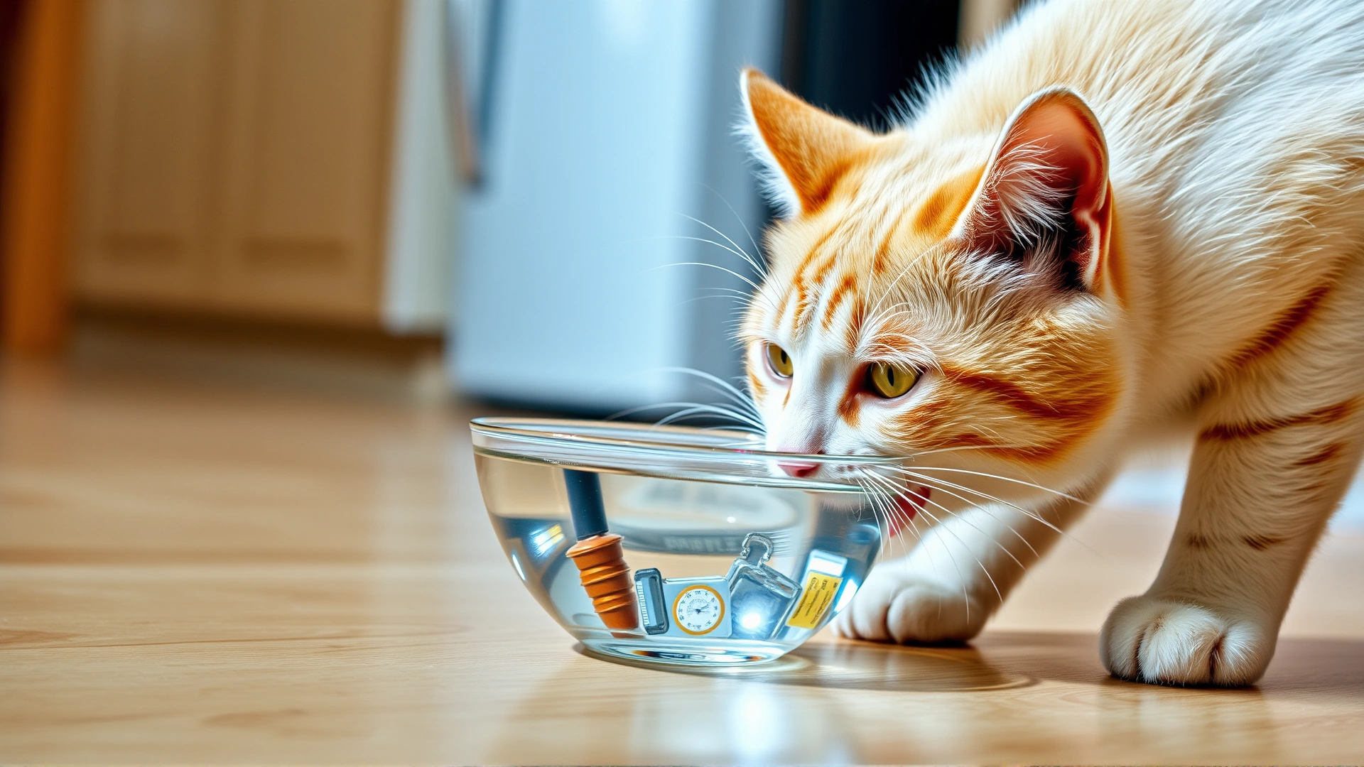 Thirsty cat drinking water eagerly from a glass bowl, kitchen floor setting, soft daylight
