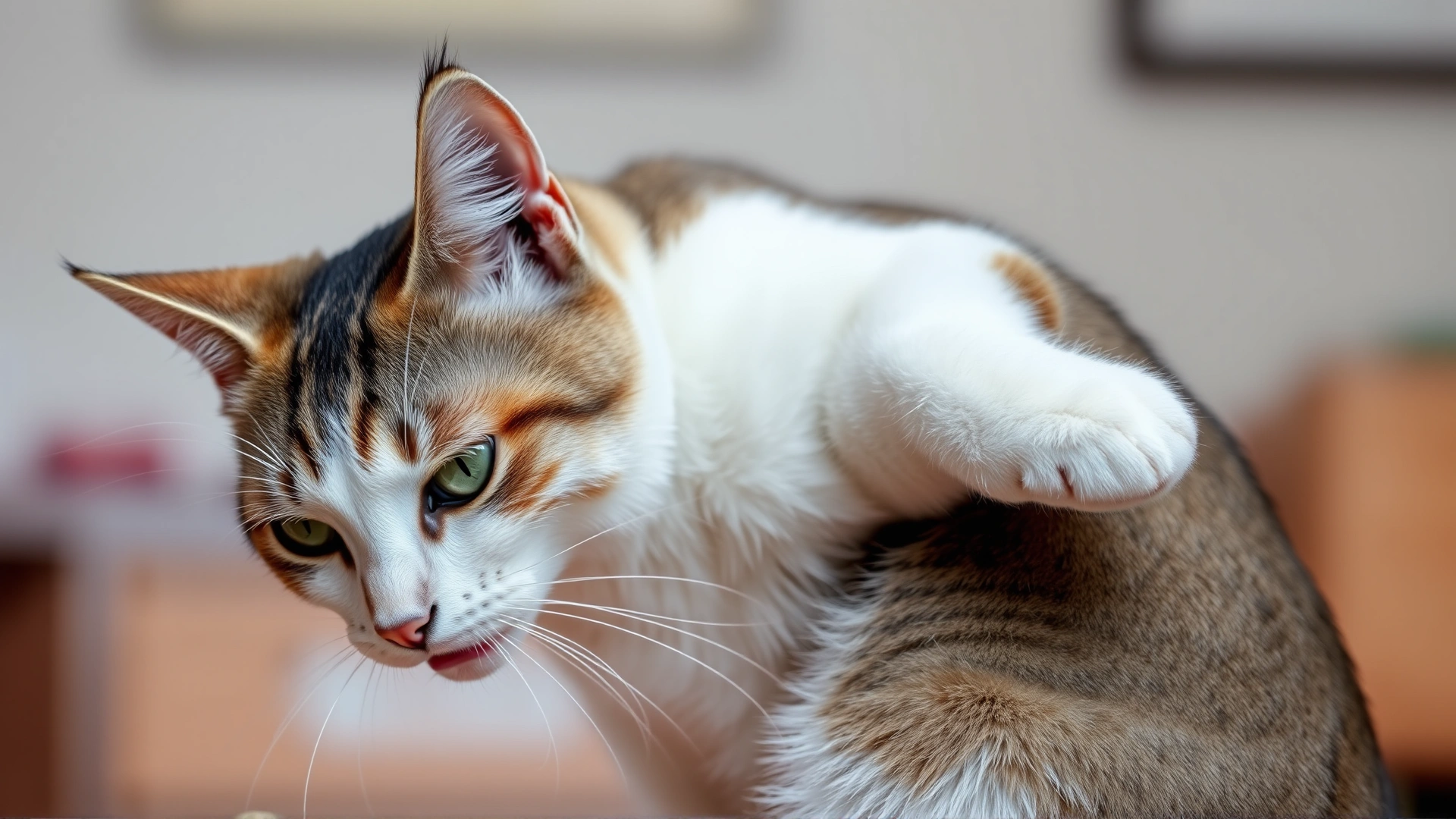 A restless cat with dilated pupils and arched back, shown indoors with subtle blurred background to indicate agitation