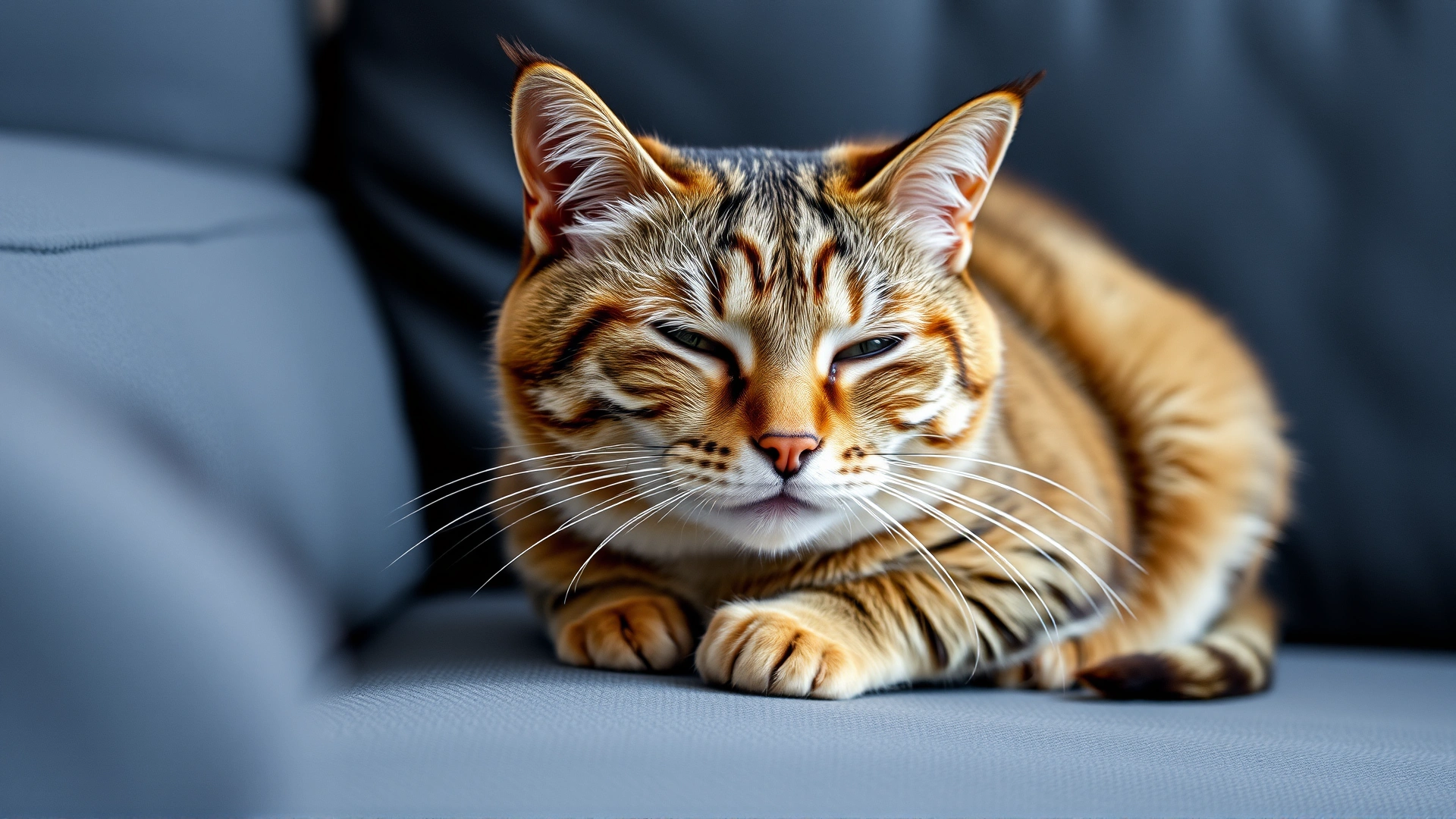 Domestic short-haired cat sitting listlessly with half-closed eyes on a couch, low energy posture, illustrating lethargy symptom