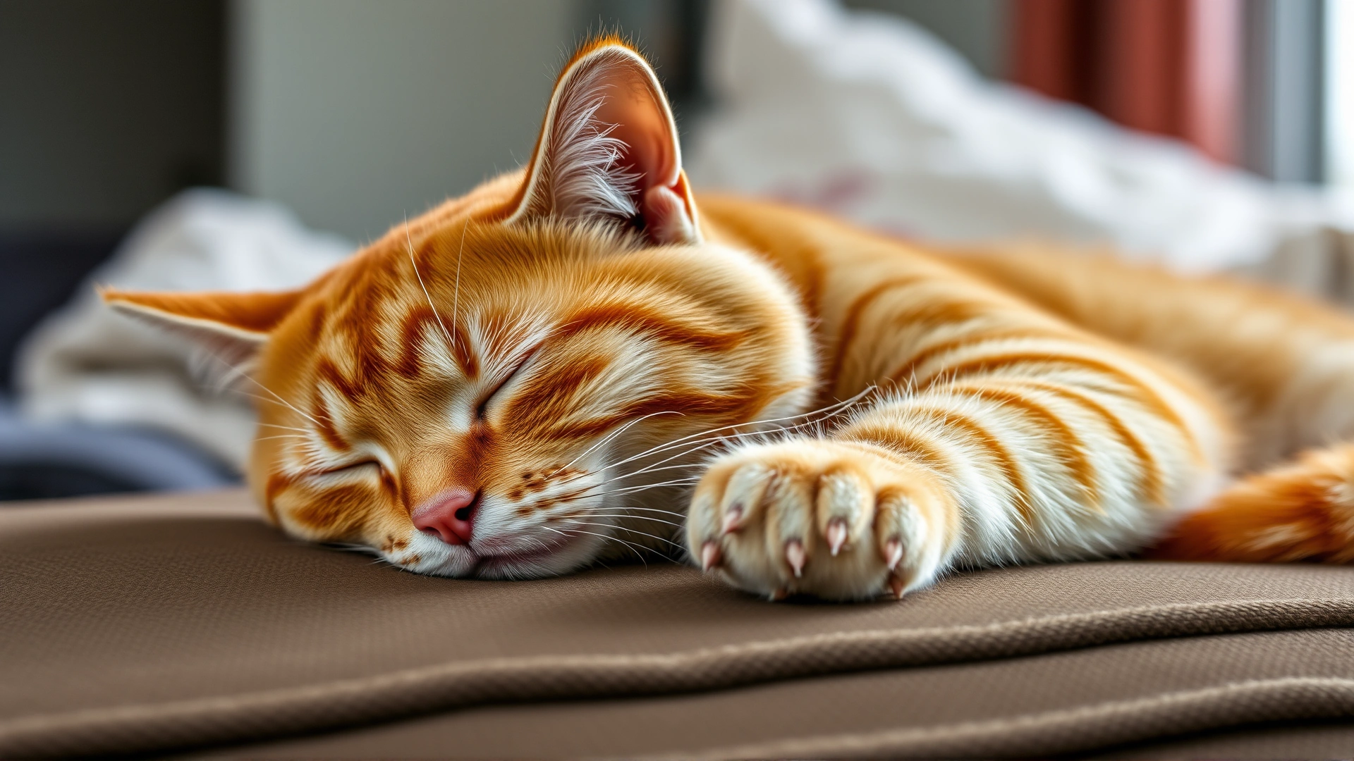 Lifestyle image of an orange tabby cat appearing lethargic on a sofa, head resting on paws with half-closed eyes; soft indoor lighting conveys fatigue.