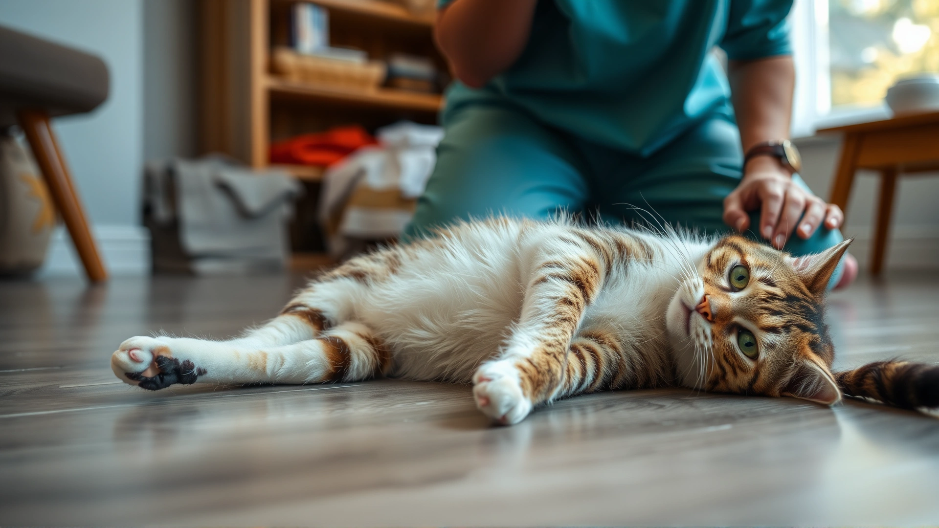 Indoor scene of a domestic cat lying on its side showing mild hind limb weakness while a concerned owner kneels nearby.