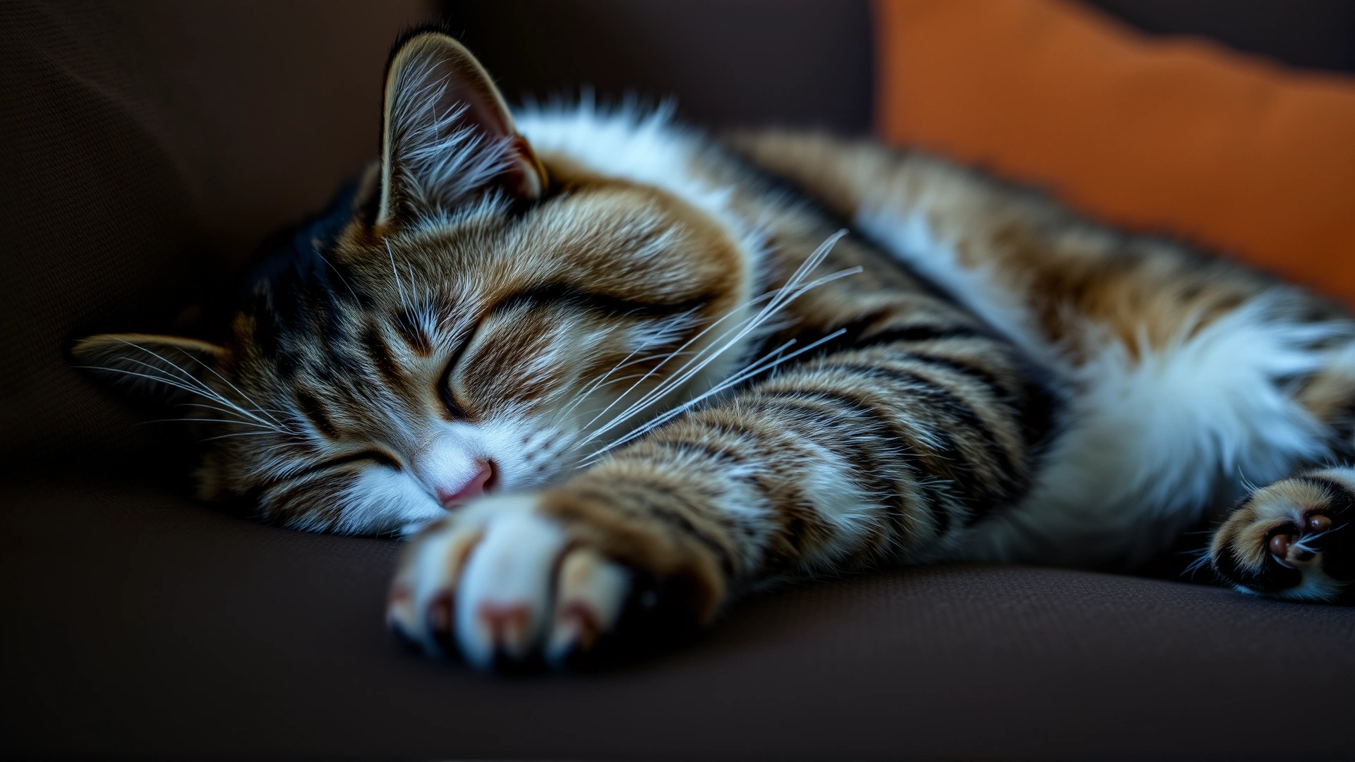 Domestic cat looking lethargic on a couch, eyes half-closed, low contrast lighting to depict fatigue and illness.