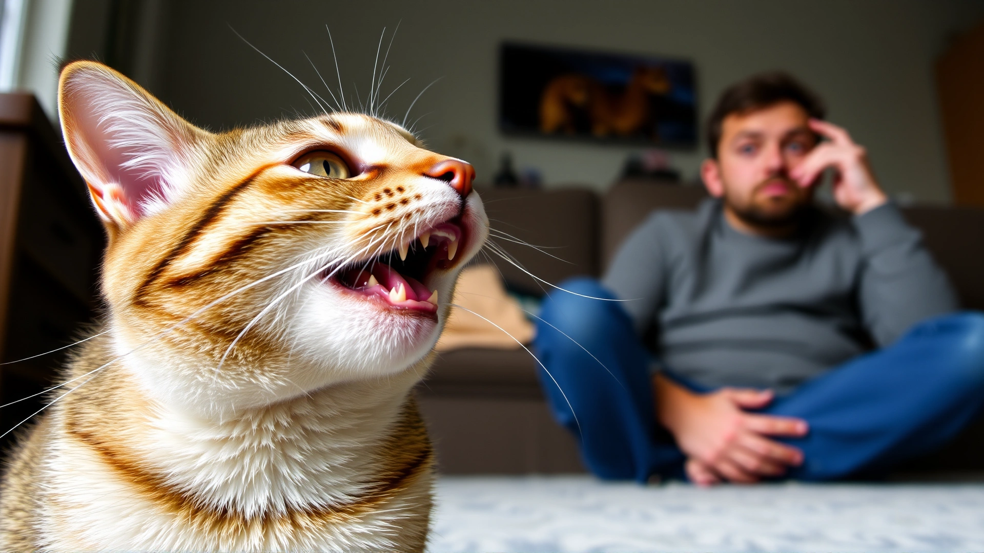 Side view of a tabby cat stretching its neck forward with a gagging expression, owner looking worried in the background, living room setting, shallow depth of field, natural light