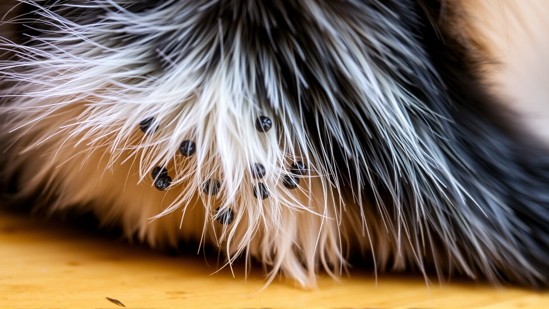 Macro shot of a cat's tail base showing greasy, matted fur and blackheads for visualizing stud tail symptoms.