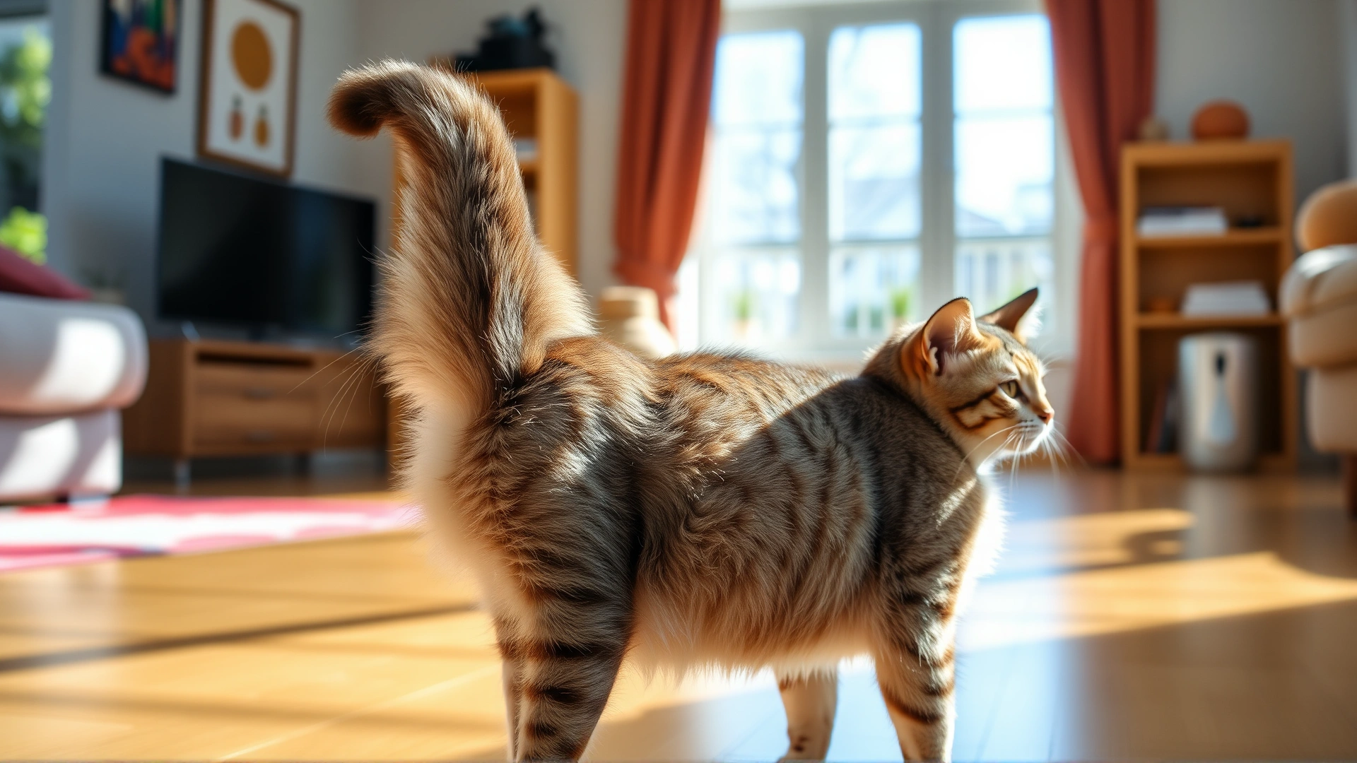 Domestic short-hair cat standing with raised tail in a sunny living room, illustrating healthy tail posture.