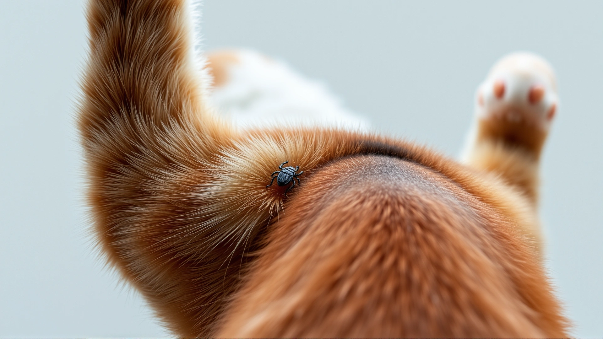 Rear view of cat lifting its tail with a visible tick near anus (tasteful, veterinary educational).