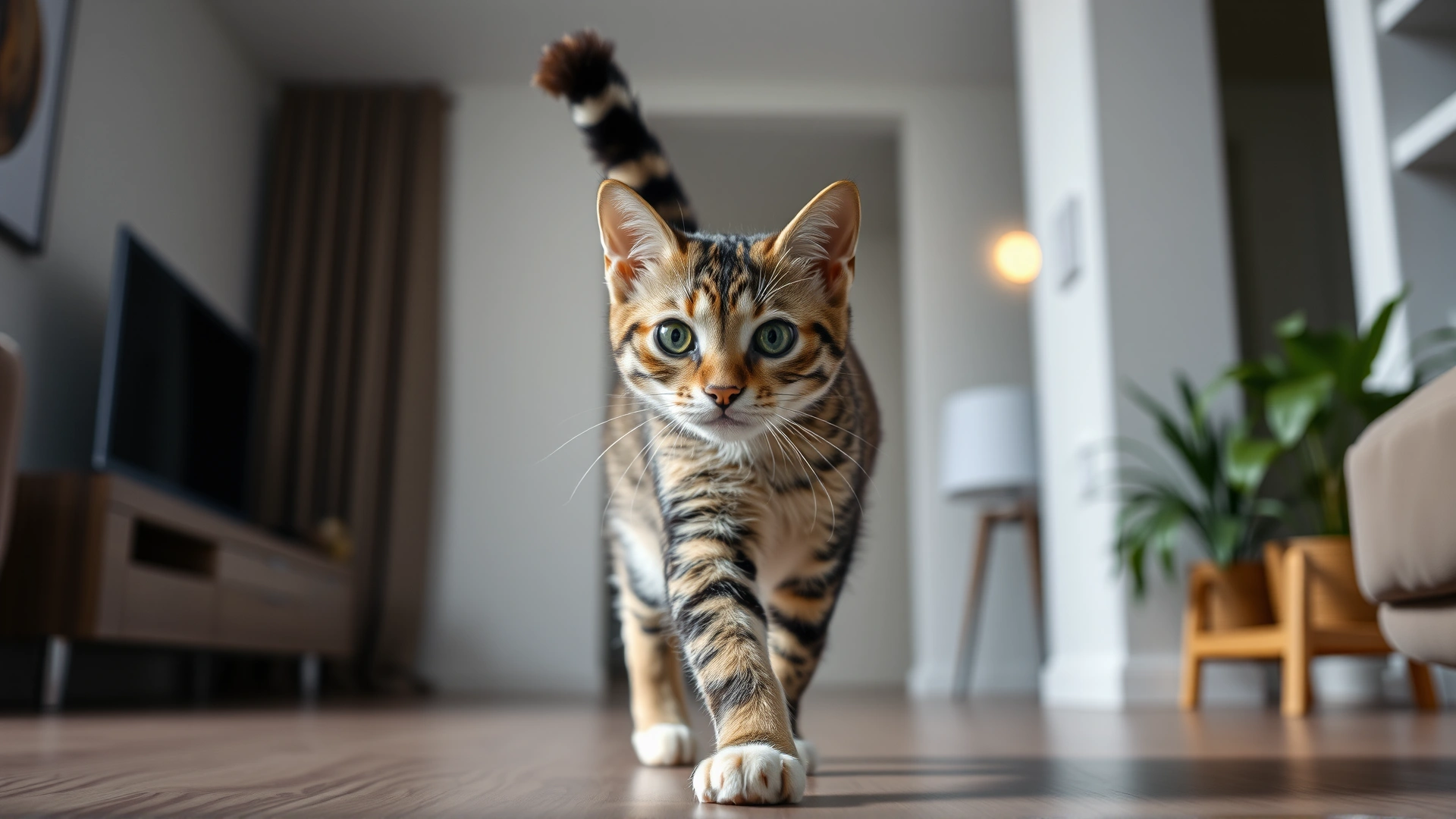 Curious cat walking toward camera with tail held upright in a question-mark shape, modern apartment interior
