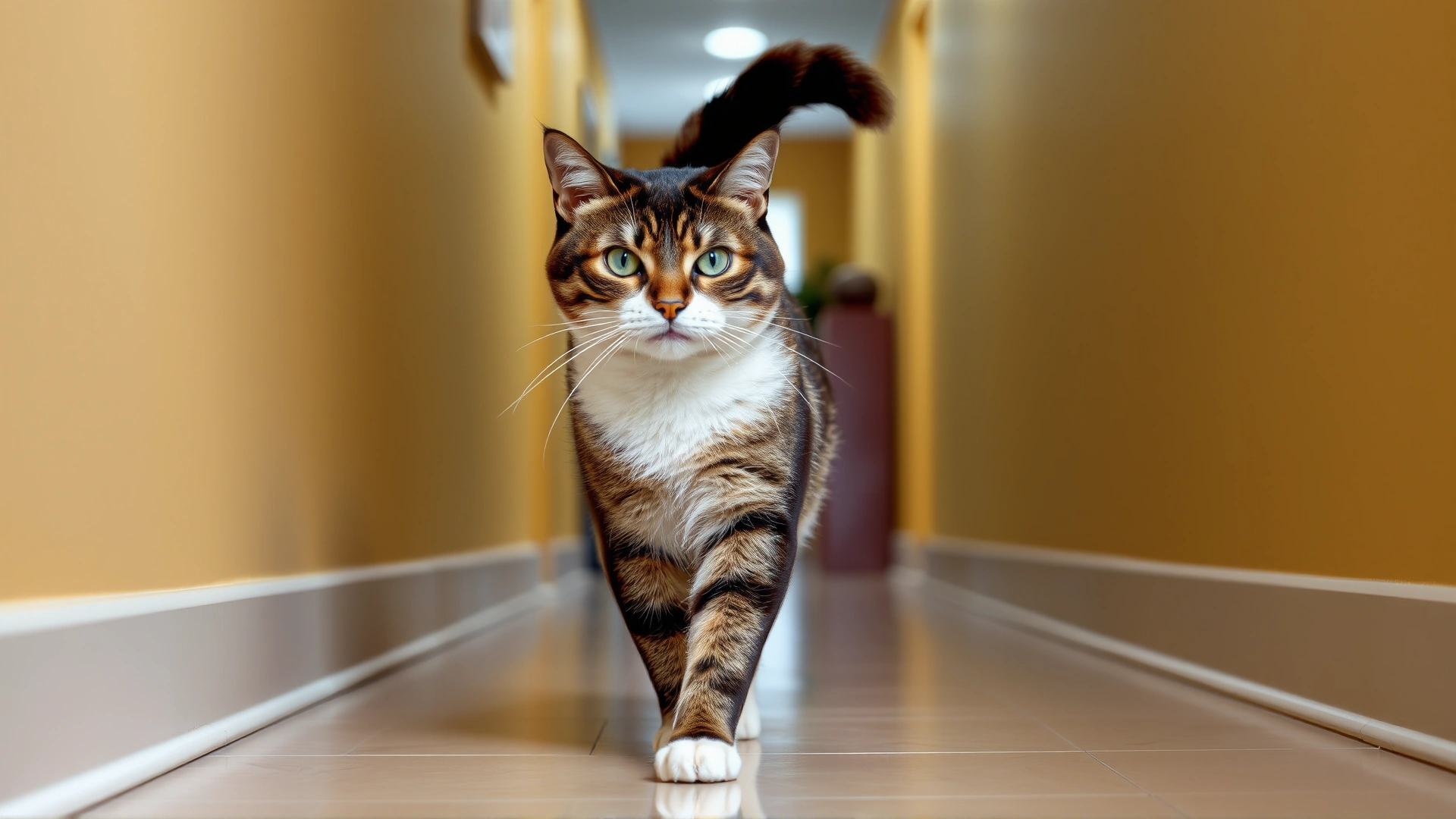 Confident domestic cat strolling down a hallway with tail held high to illustrate positive tail posture