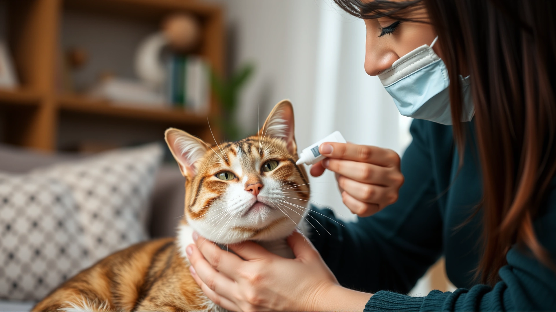 Cat owner administering oral medication to a calm domestic short-haired cat in a cozy home environment