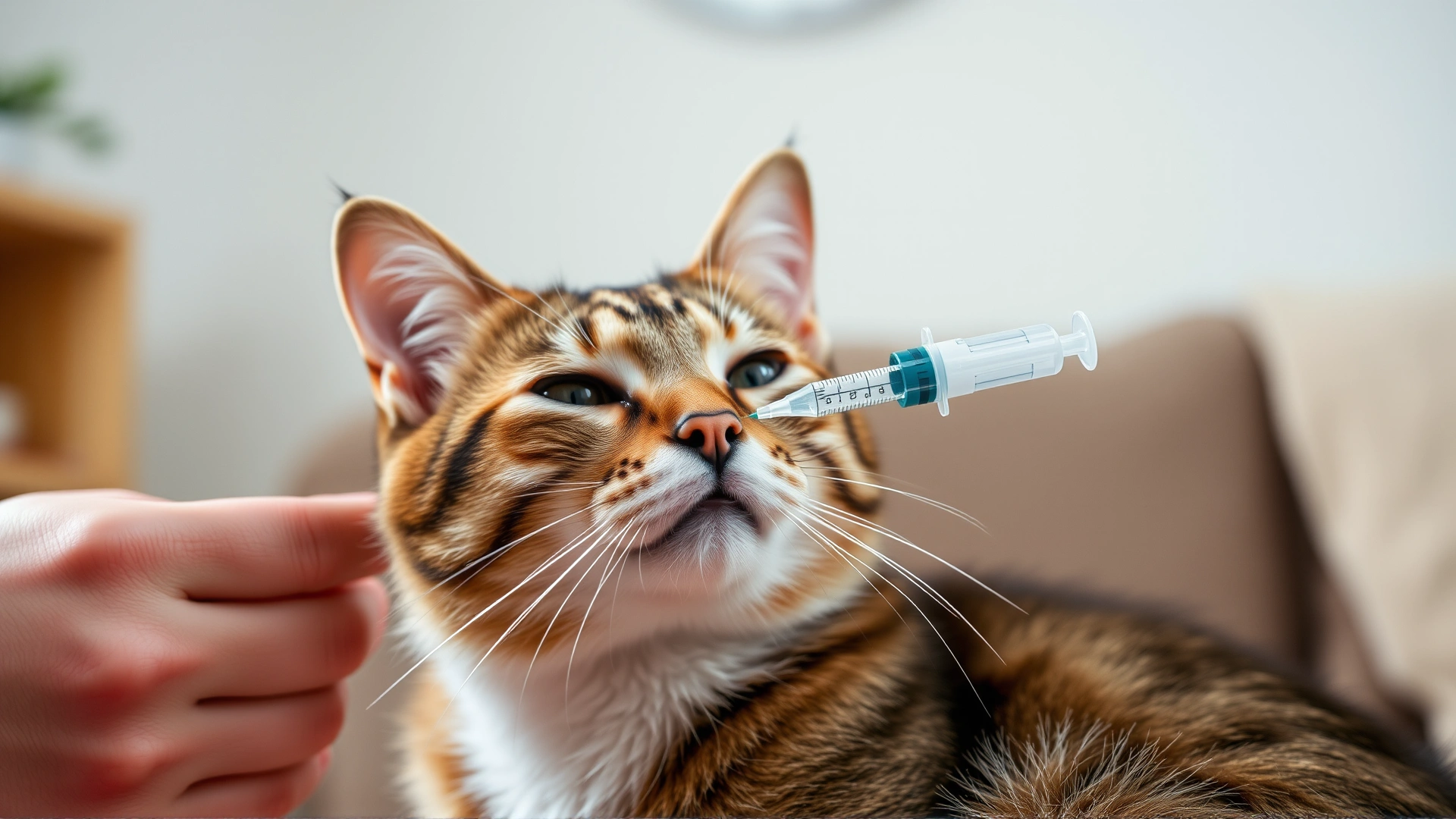 Person gently administering liquid medicine to a calm tabby cat using a syringe without needle in a cozy home setting.