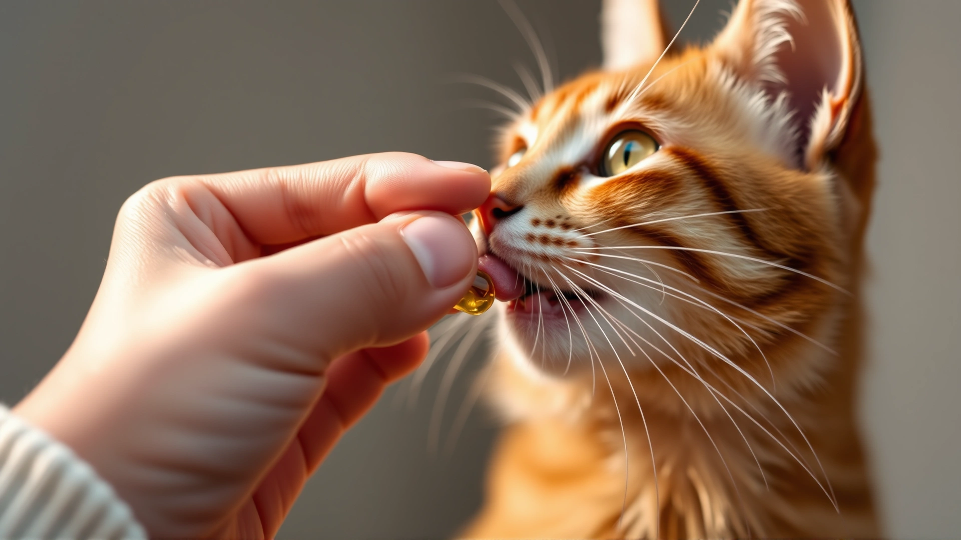Photo of a cat licking fish oil directly from a human hand holding the tip of a capsule, close up, warm lighting