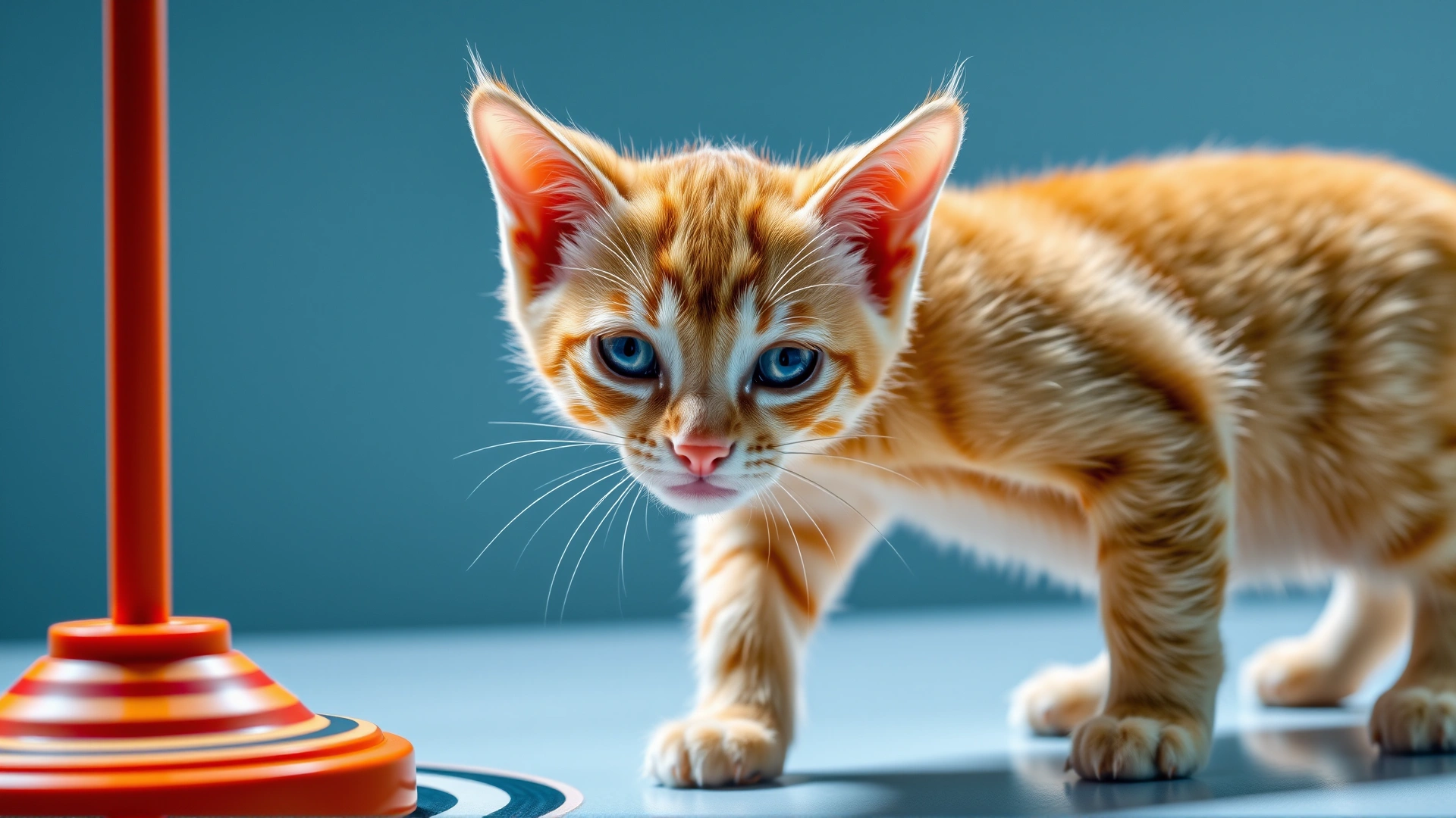 Young orange cat touching the tip of a target stick with its nose while standing on a table, bright studio lighting.