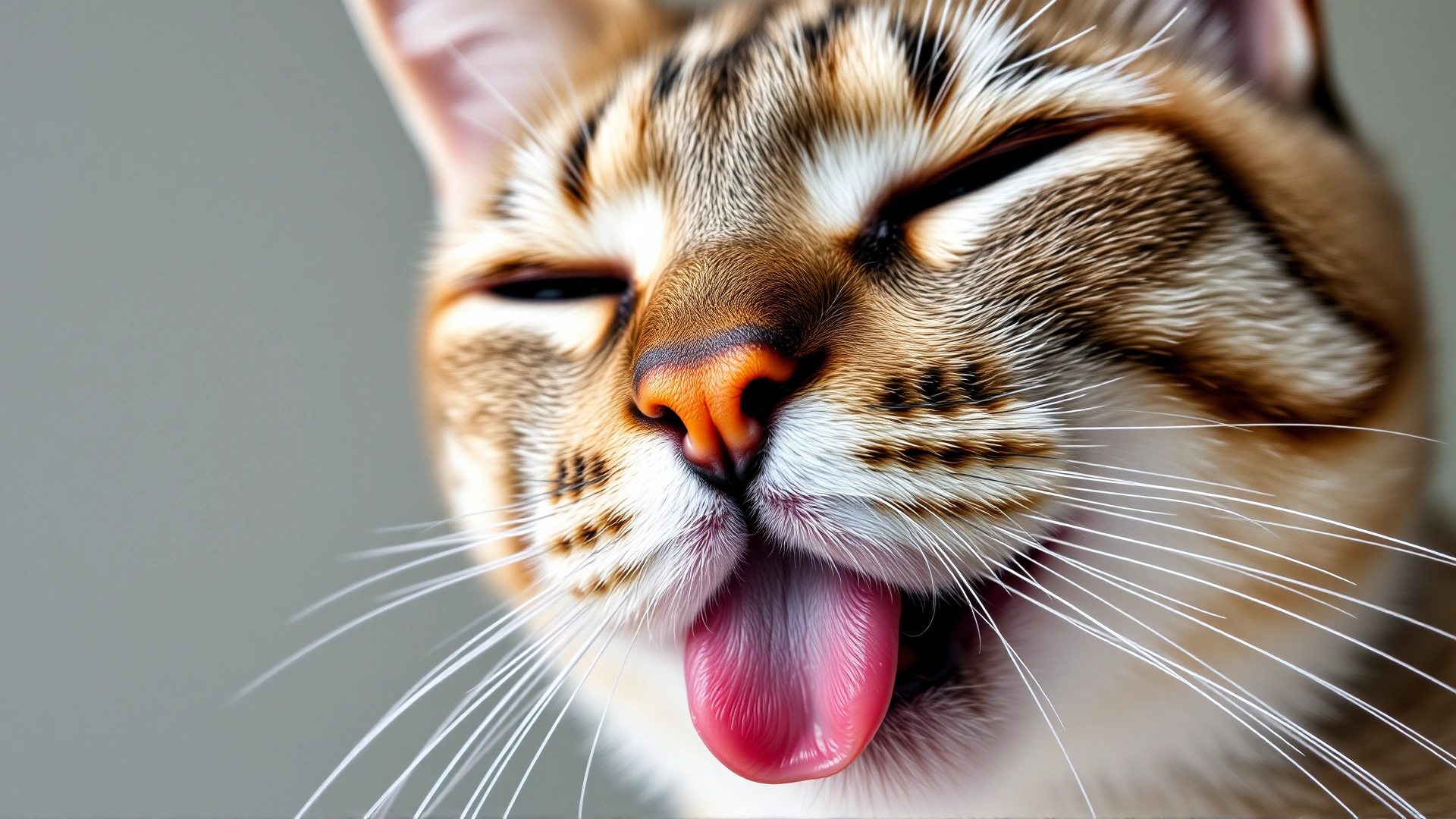 Extreme close-up shot of a cat licking its nose, tongue and papillae visible to illustrate taste buds, neutral blurred background