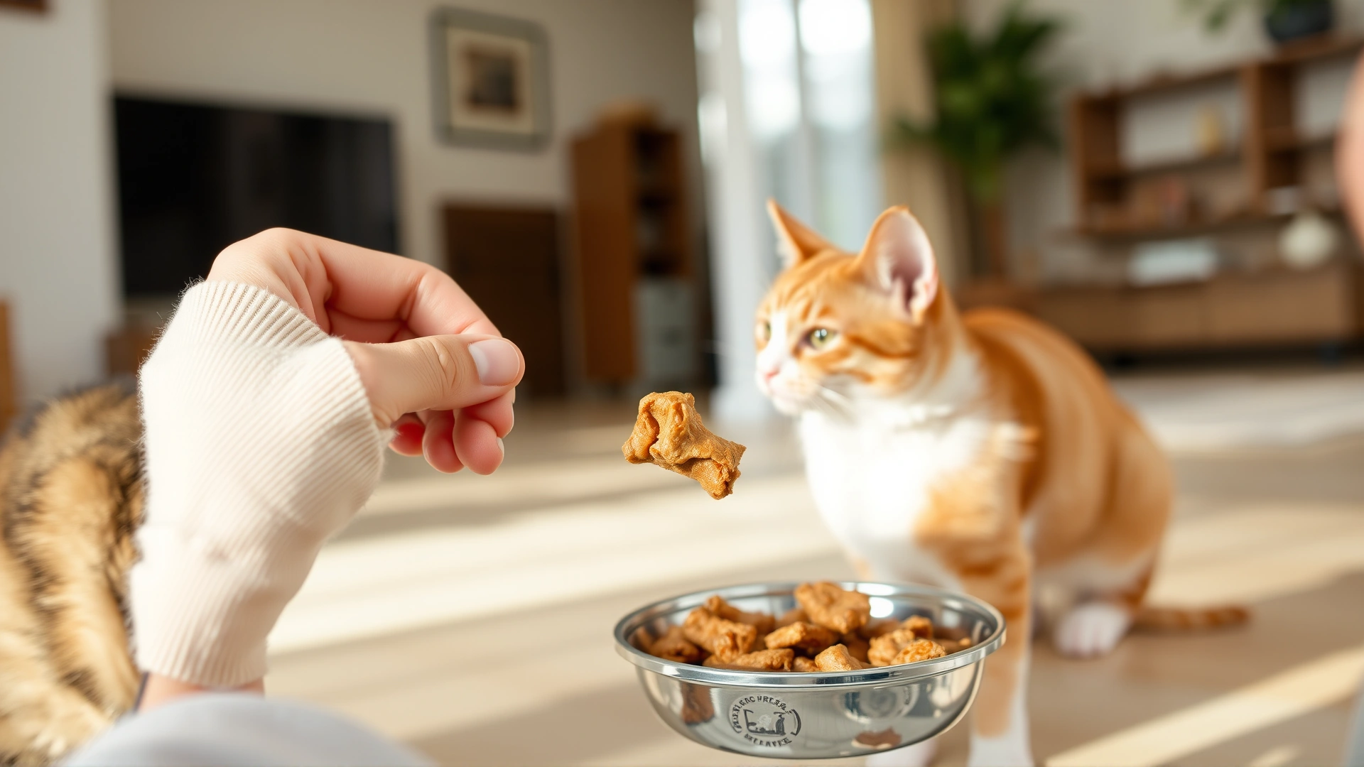 Pet owner’s hand offering a crunchy freeze-dried chicken treat to a curious tabby cat in a bright living room