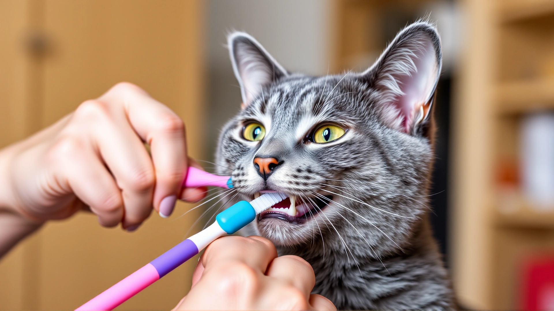 Pet owner’s hands carefully brushing a gray cat’s teeth with a pink cat-friendly toothbrush at home.