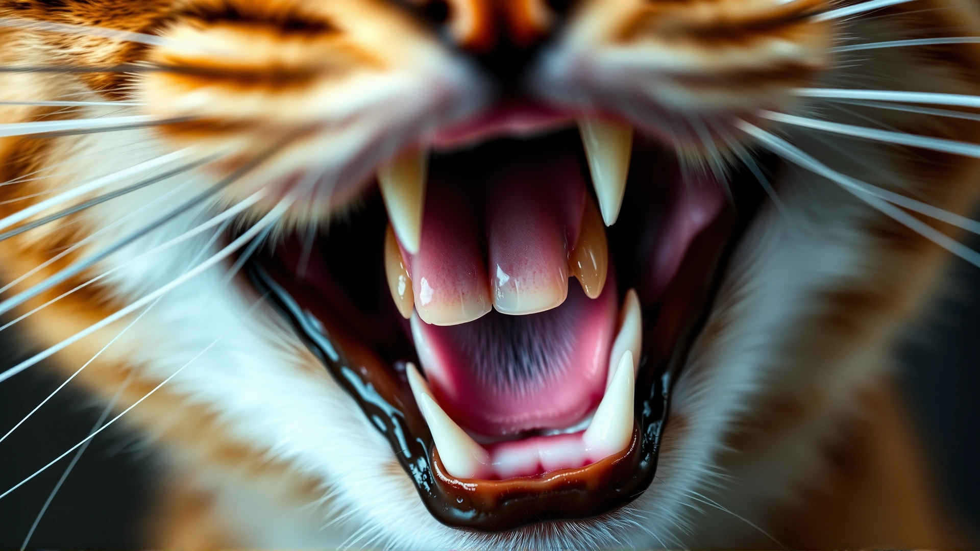 Macro shot of a cat's open mouth displaying both upper and lower teeth, highlighting a visible misalignment.